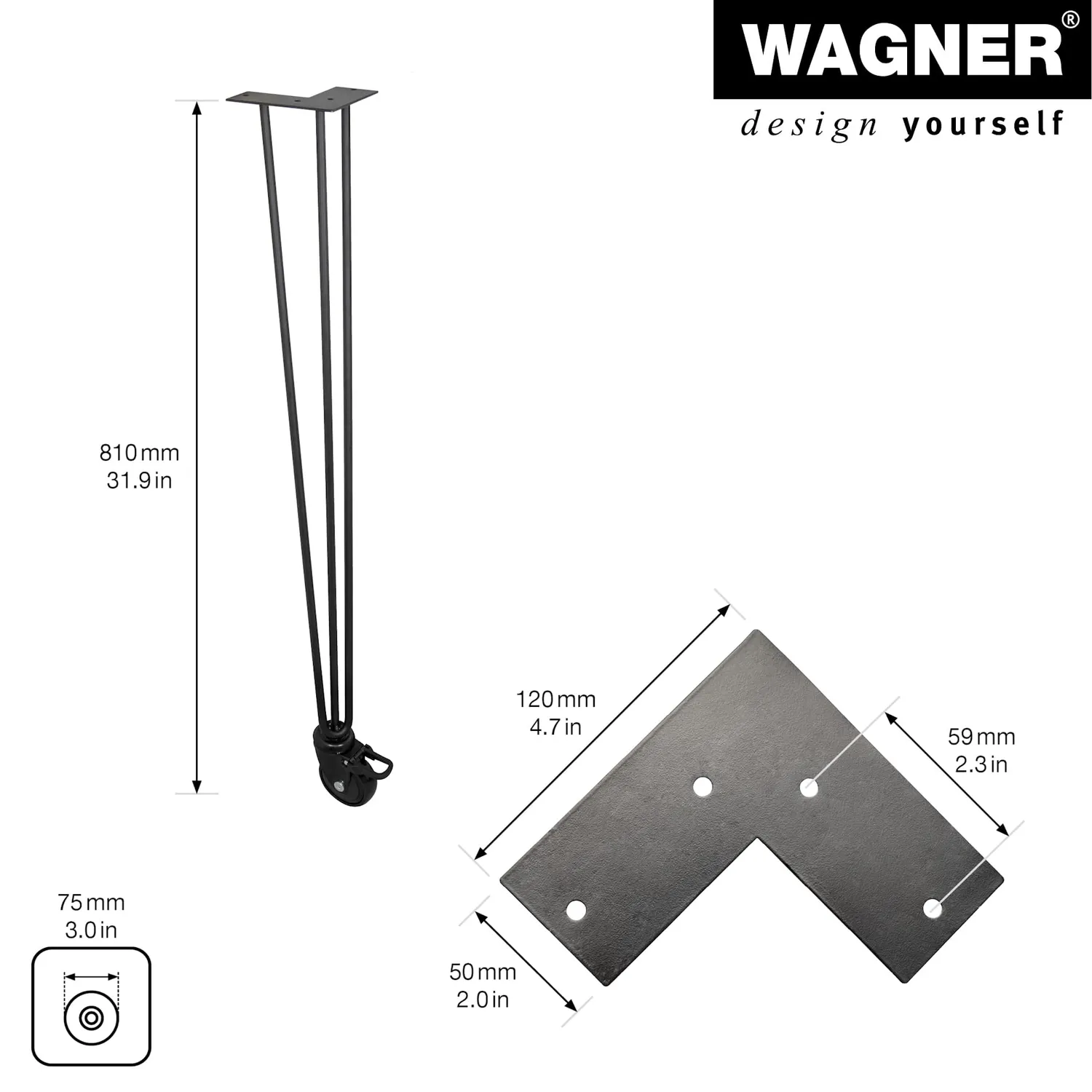 Wagner Hairpin Leg ST 8289 gamba per mobili con ruota nera 81 cm