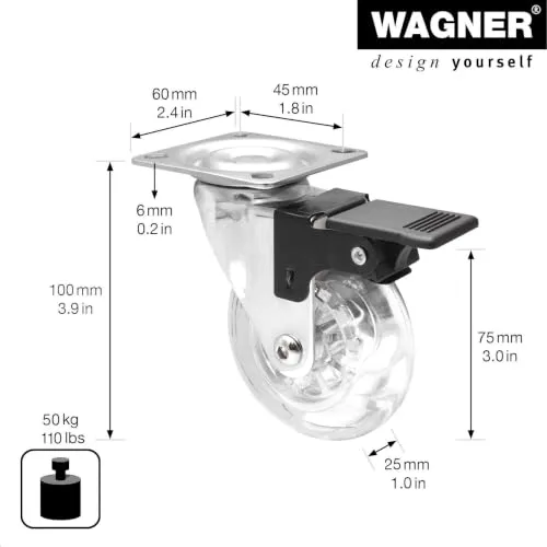 Wagner 03308701 rotella Skater trasparente 75 mm con freno 1 pz