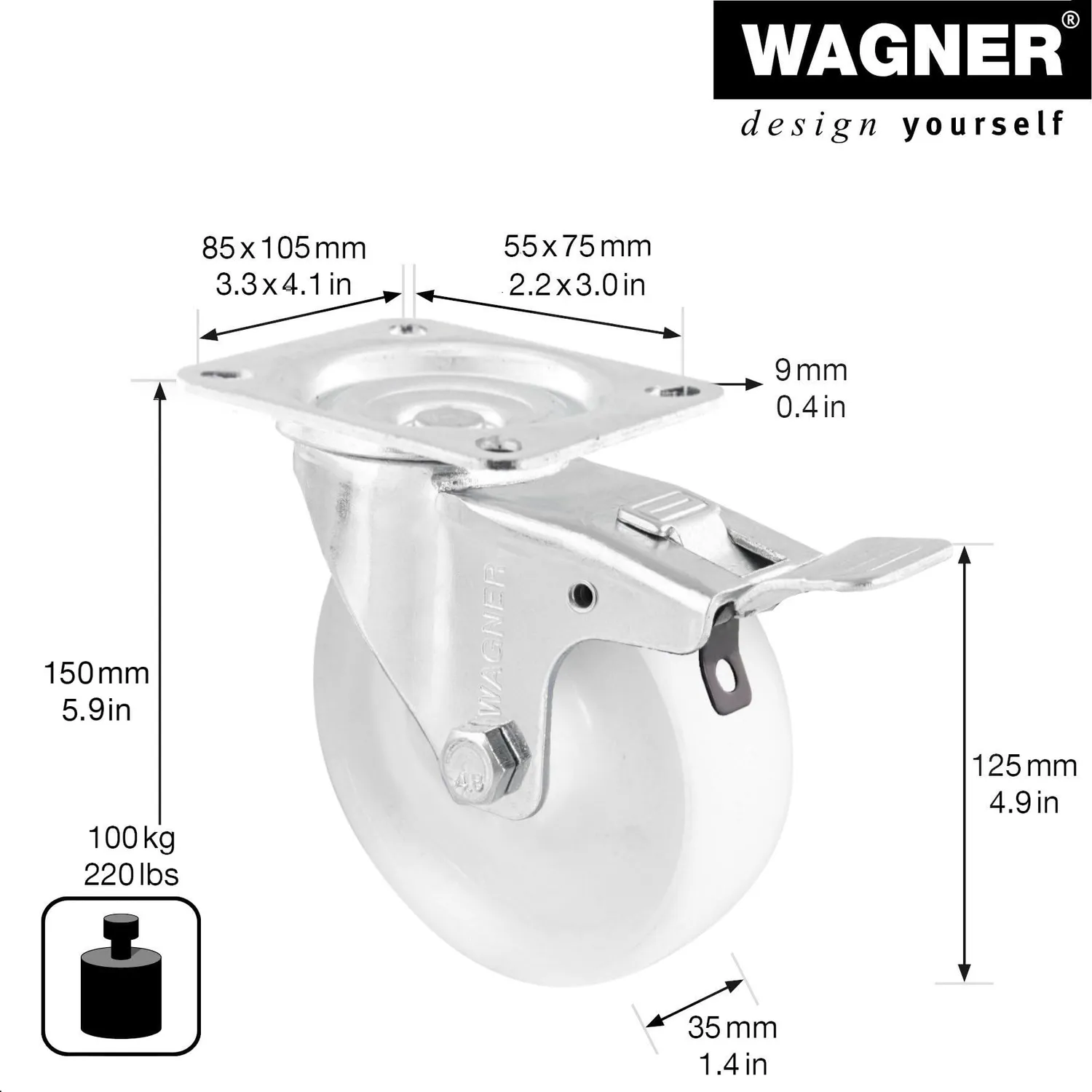 Wagner RO 7525 rotella girevole Ø125 mm 100 kg con freno