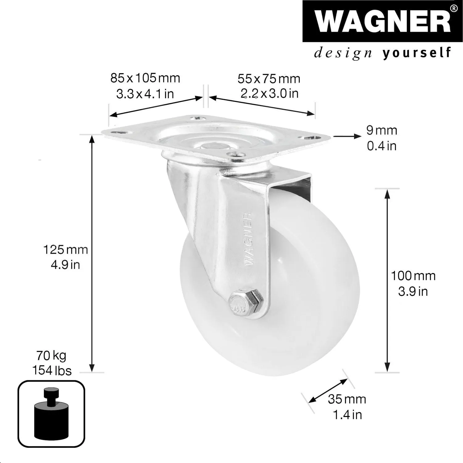 Wagner 04650001 rotella girevole bianca 100 mm portata 70 kg