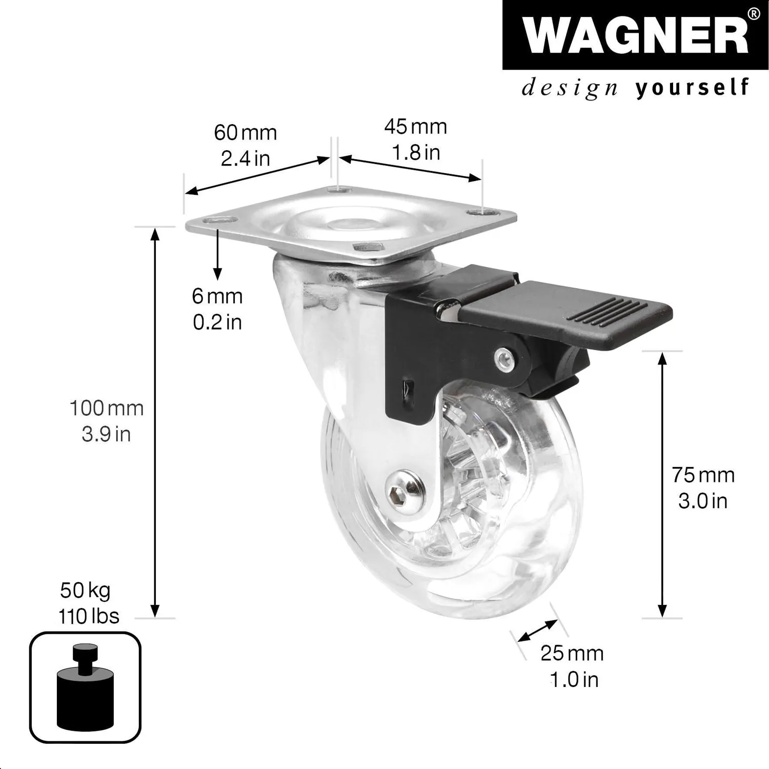 Wagner 03308701 rotella Skater trasparente 75 mm con freno 1 pz