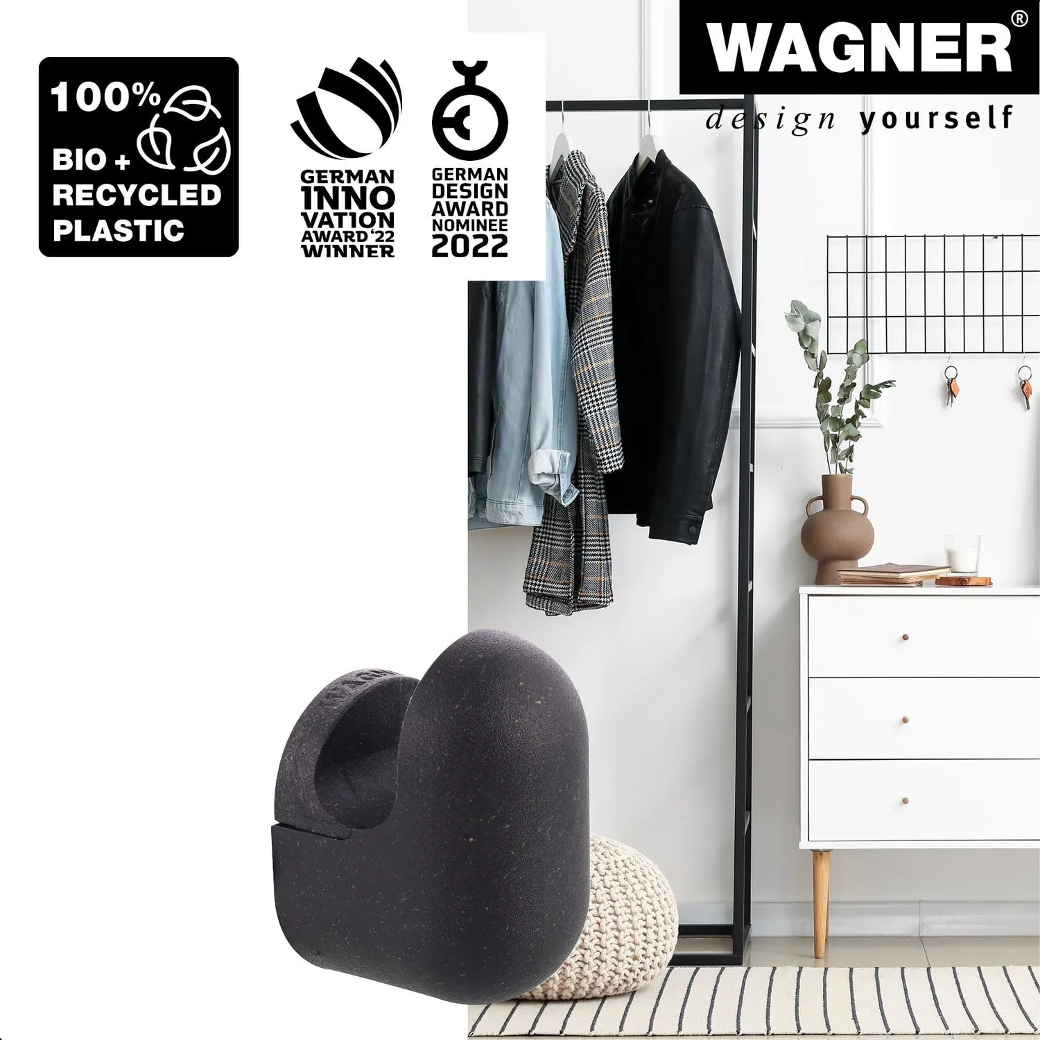 Wagner hooks4home Pill EH 0401 gancio parete 50 mm nero riciclato