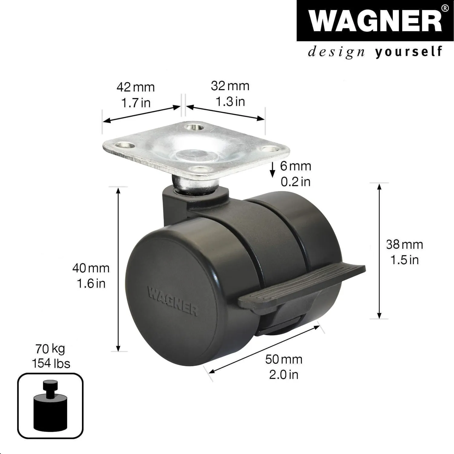 Wagner RO 0042 rotella doppia 38 mm con freno 70 kg