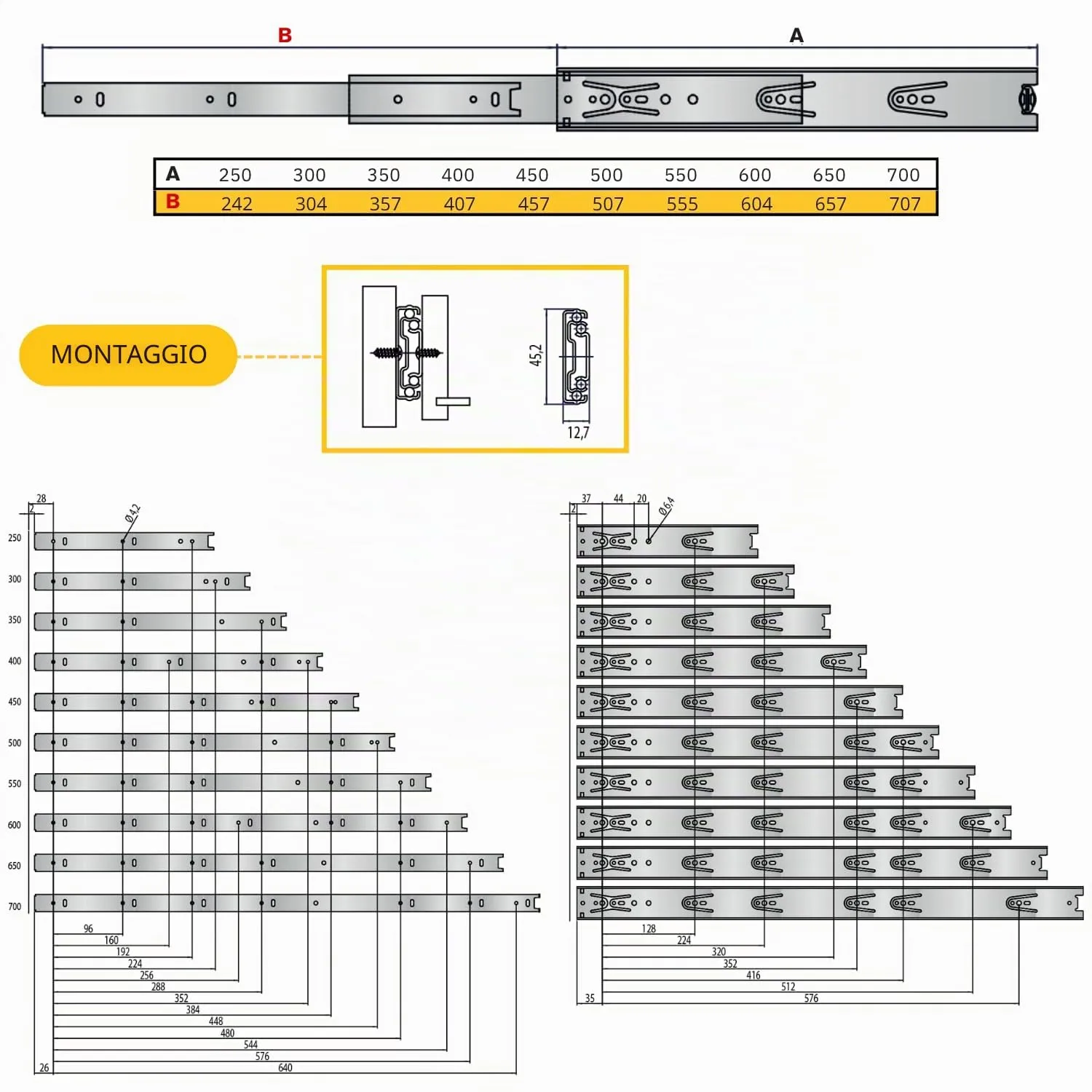 Indaux guide a sfere cassetto 450 mm estrazione totale 50 kg