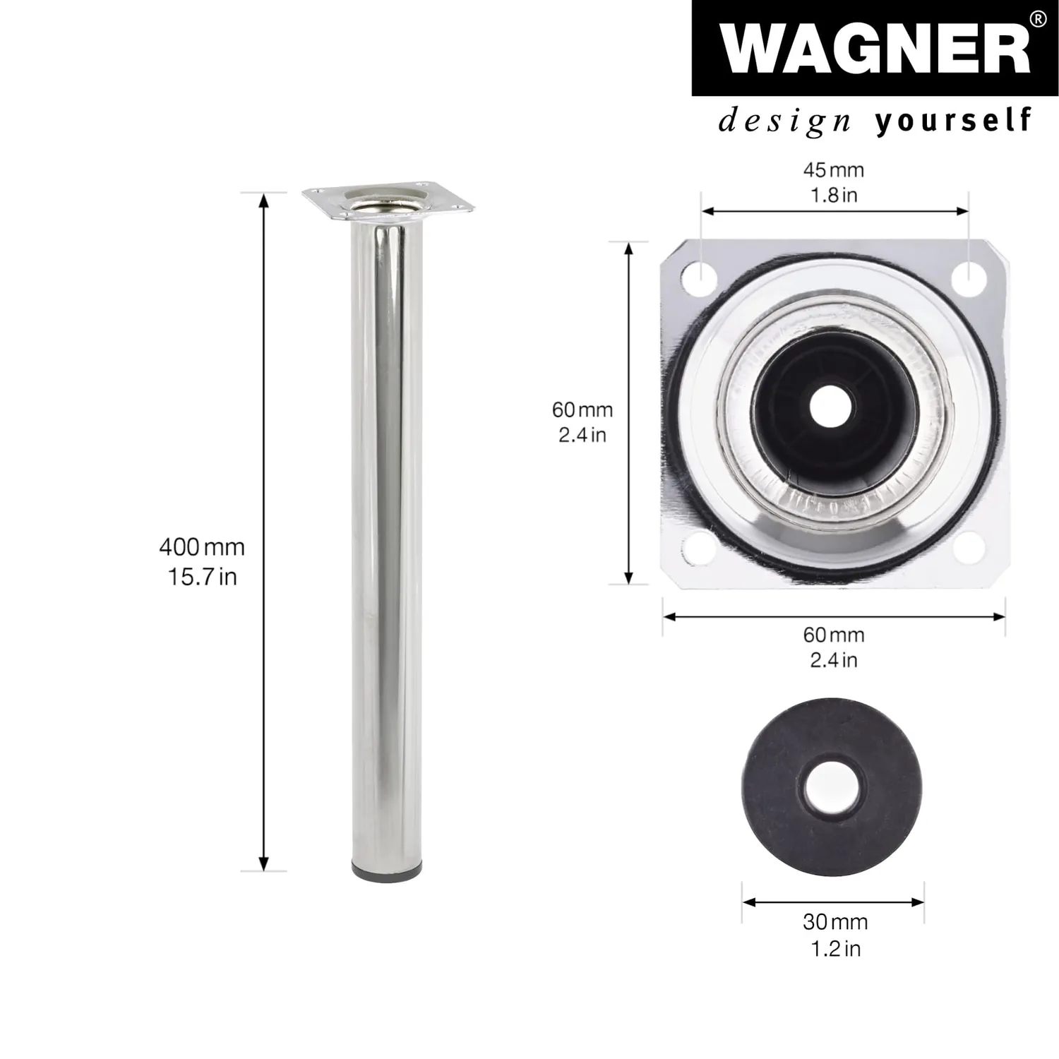 Wagner 1540 piedino per mobili acciaio cromo 400 mm