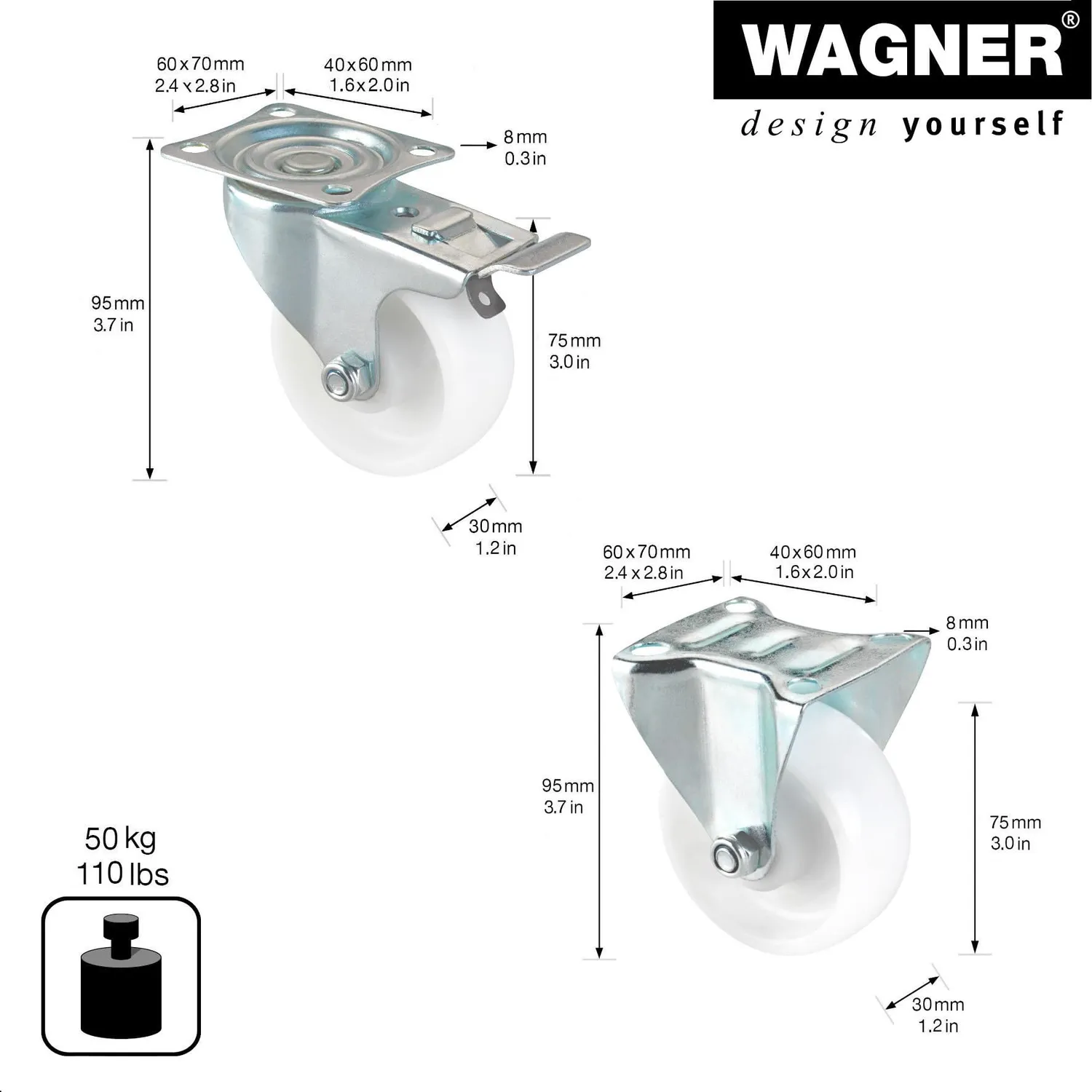 WAGNER ruote industriali Ø75 mm set 4 pezzi con freno