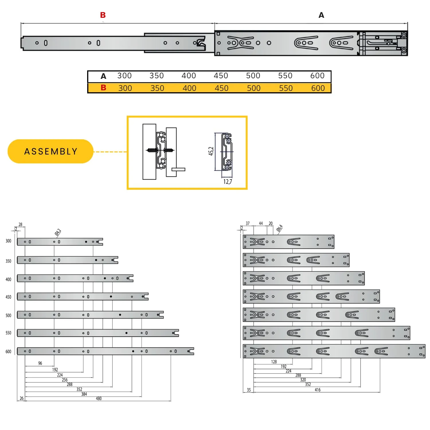 Indaux Guide Cassetti a Sfere Push L300 Estrazione Totale 50 Kg