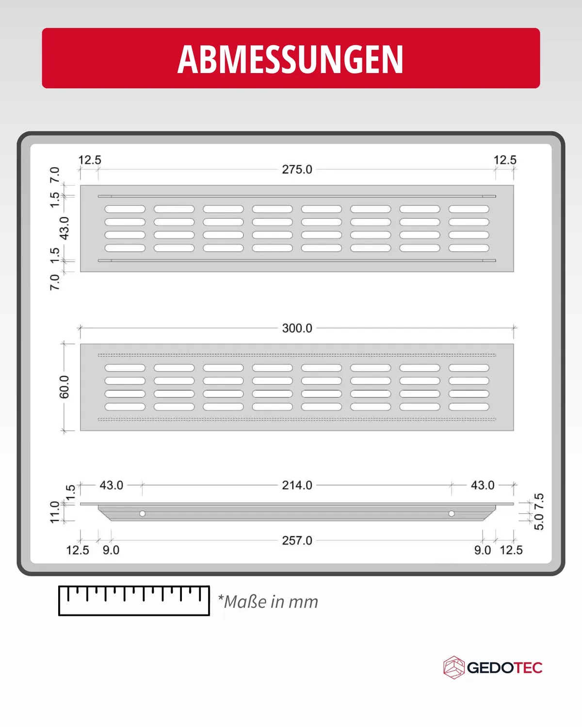 Gedotec Griglia Ventilazione 300x60 Nero Opaco Alluminio