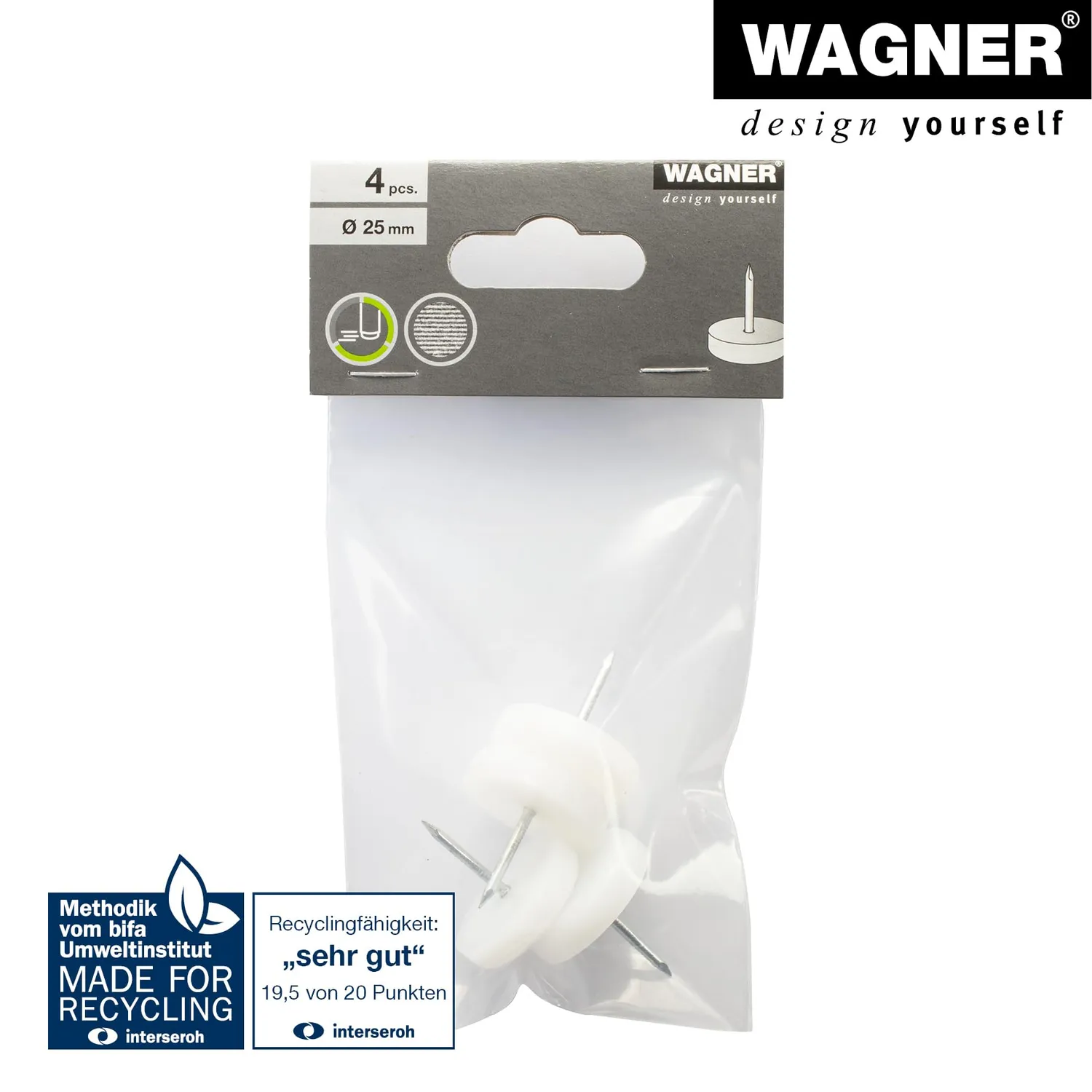 Wagner EH 0926 15092699 pattini plastica bianchi 25mm 4 pezzi chiodo