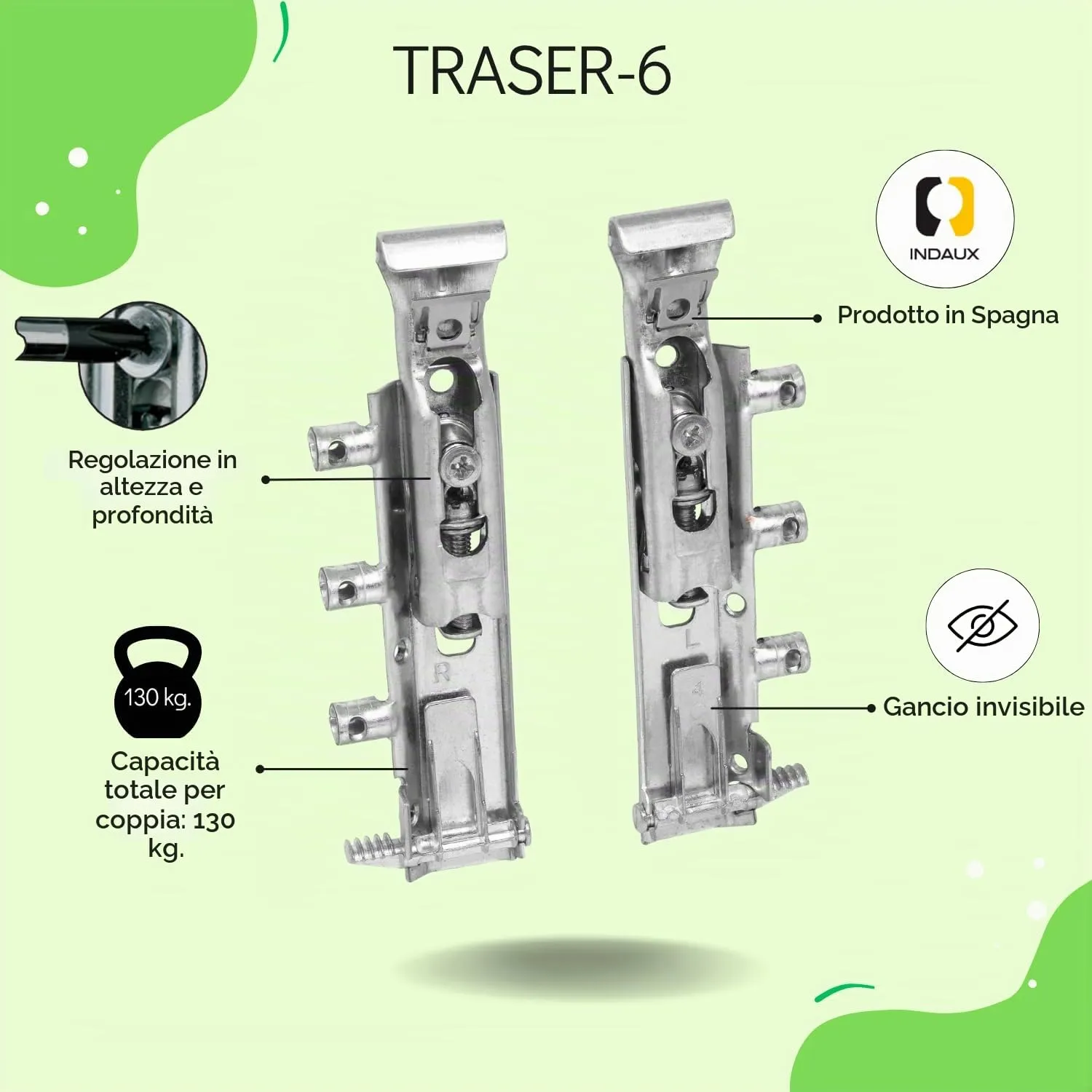 Indaux Traser-6 attaccaglie invisibili coppia 65 kg kit montaggio