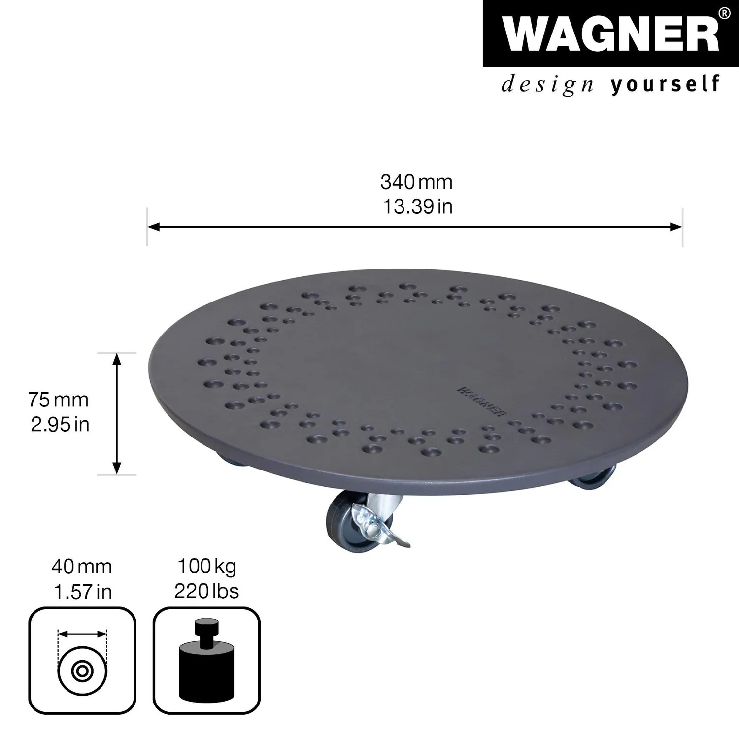 WAGNER Design Cemento sottovaso con ruote Ø 20 mm ardesia