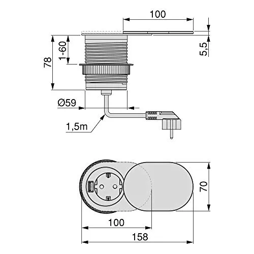 Emuca multipresa da incasso schuko+USB foro 60 mm inox
