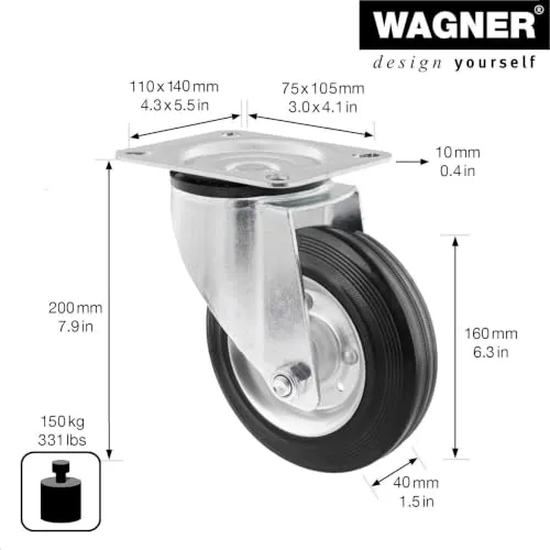 Wagner RO 6160 rotella girevole 160 mm 150 kg gomma