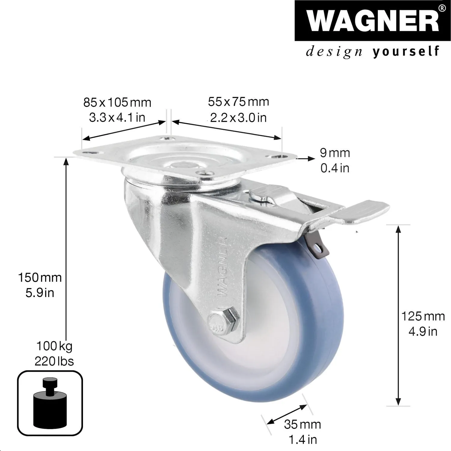 Wagner 04762501 RO 7625 rotella con freno 125 mm blu 1 pz