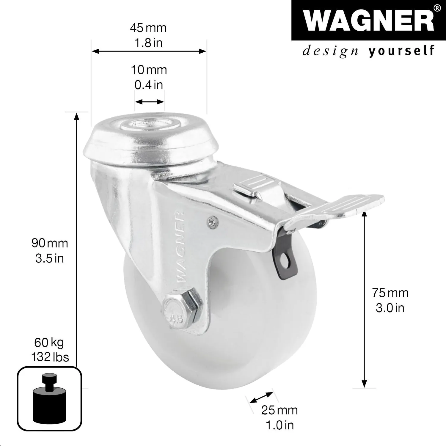 Wagner RO 3675 rotella girevole 75 mm bianca con freno 1 pz