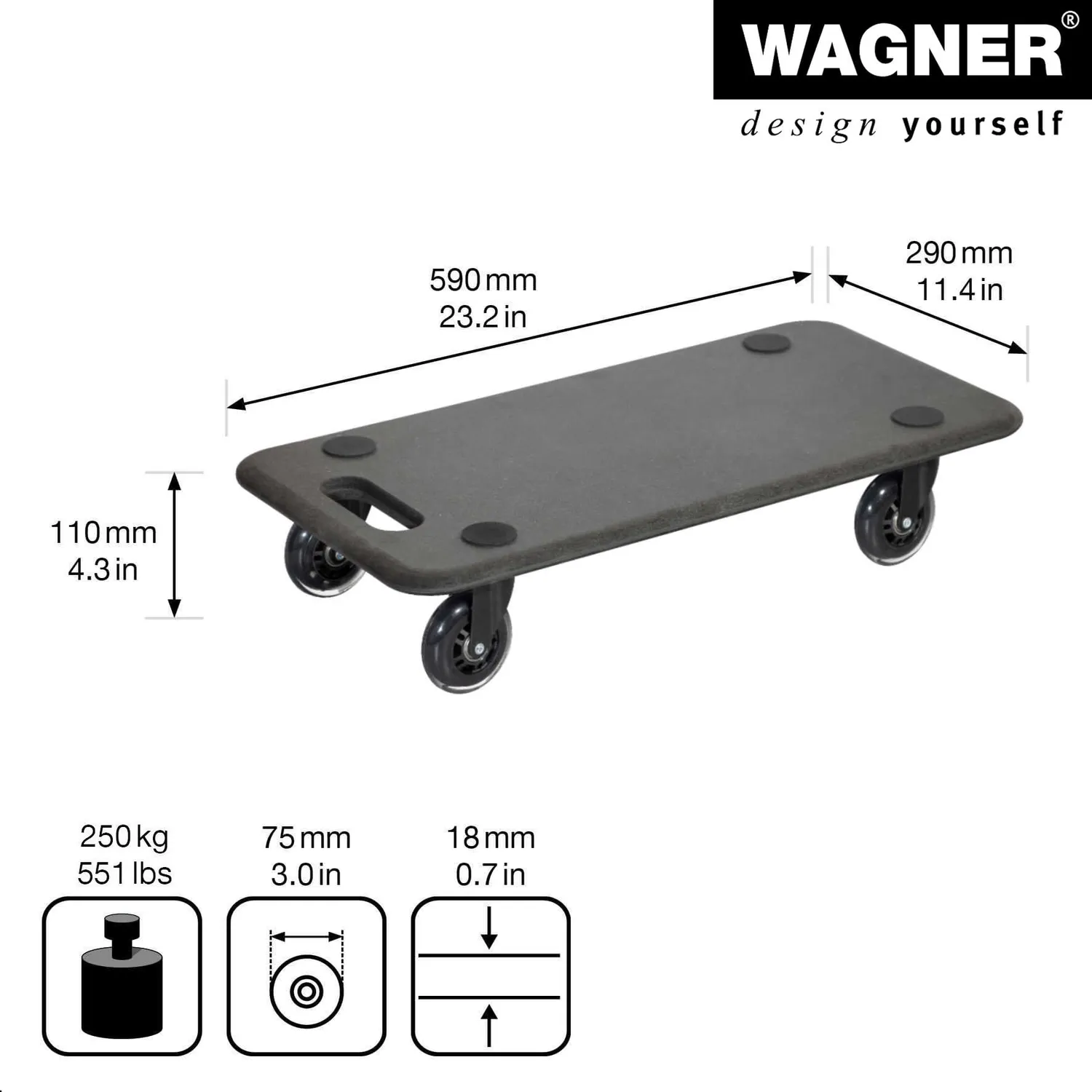 Wagner 1611 carrello trasporto MDF 57,5x30 cm 250 kg