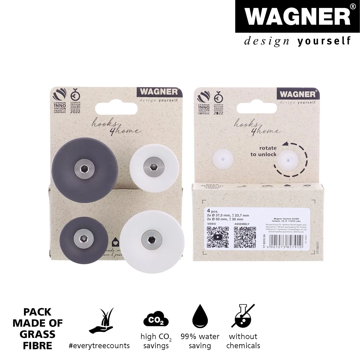 WAGNER hooks4home TULIP ganci parete set 4 pezzi grigio