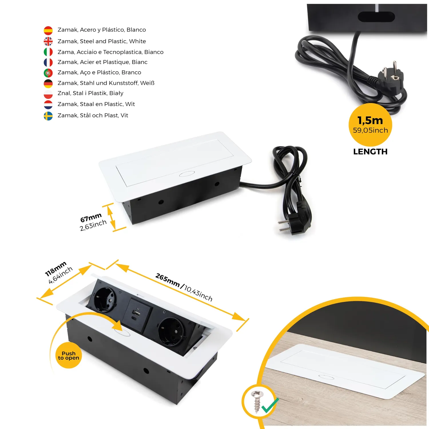 Emuca Ciabatta Scrivania Incasso 265x120 Bianco 2 Spine USB-C