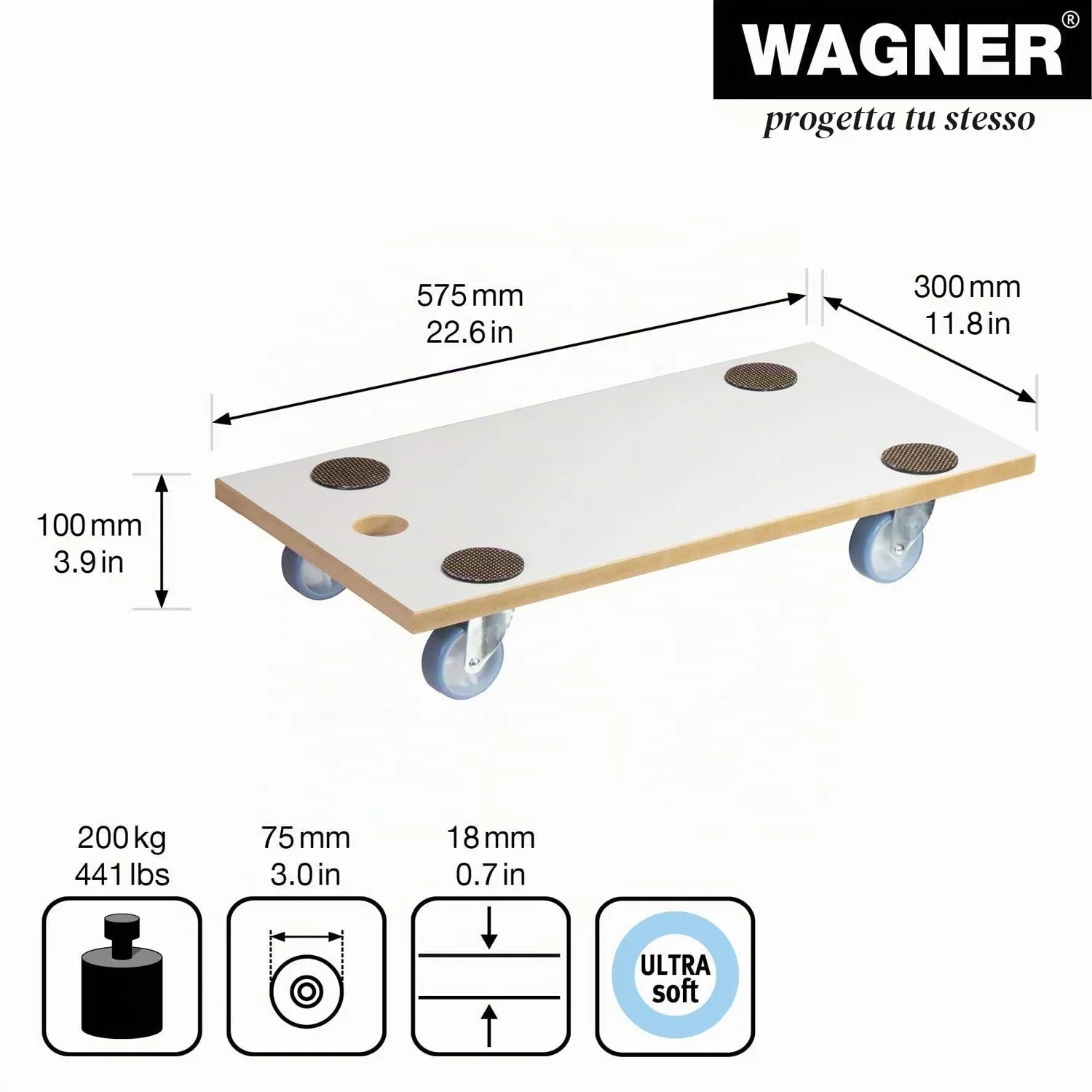 WAGNER MM 1318 Carrello Trasporto 57,5x30 Ruote Morbide