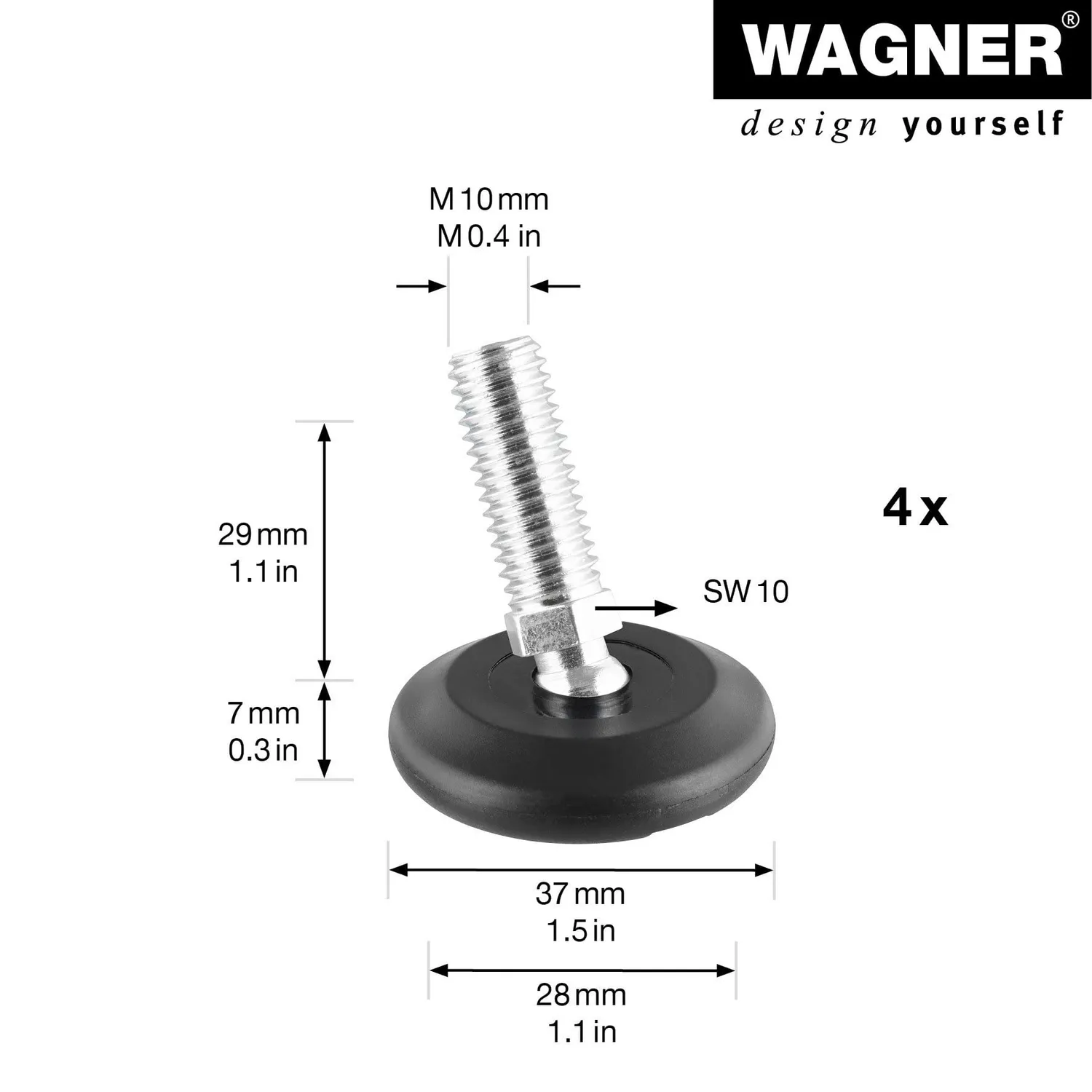 Wagner piedini livellabili M10 37 mm neri 4 pezzi