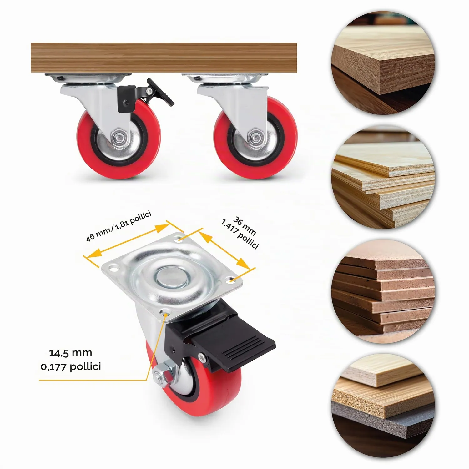 Emuca Kit Ruote Piastra Ø50 con Freno Set 4 Rosse Portata 50kg