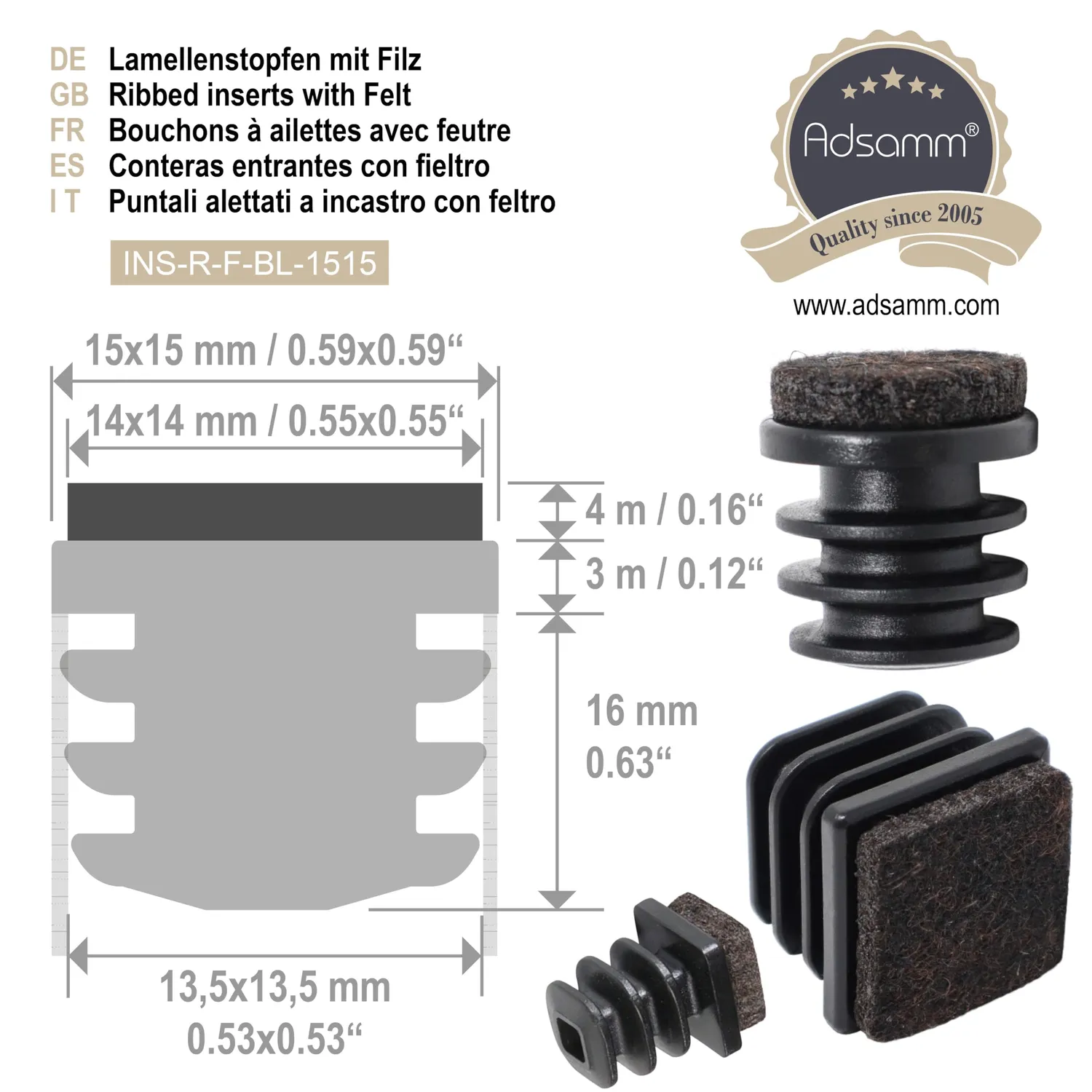 Adsamm puntali alettati con feltro quadrati 11-13 mm neri 100 pezzi