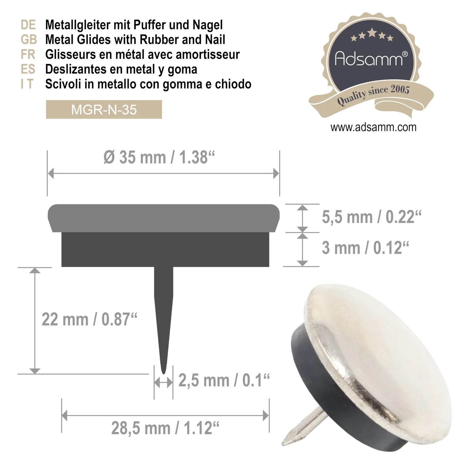 Adsamm pattini metallo con chiodo 35 mm argento 16 pezzi