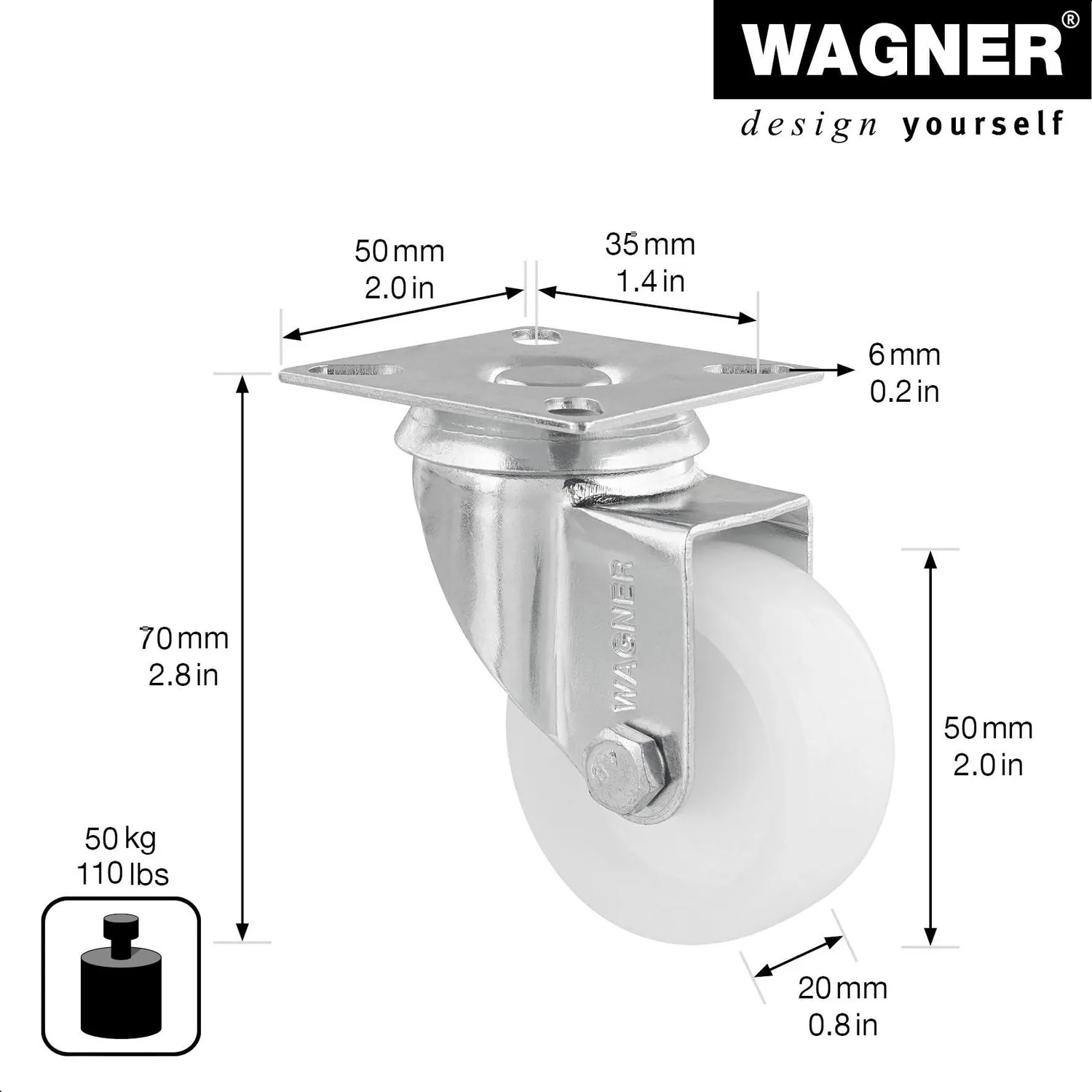 WAGNER ECO set 4 ruote girevoli D50 mm bianche 50 kg
