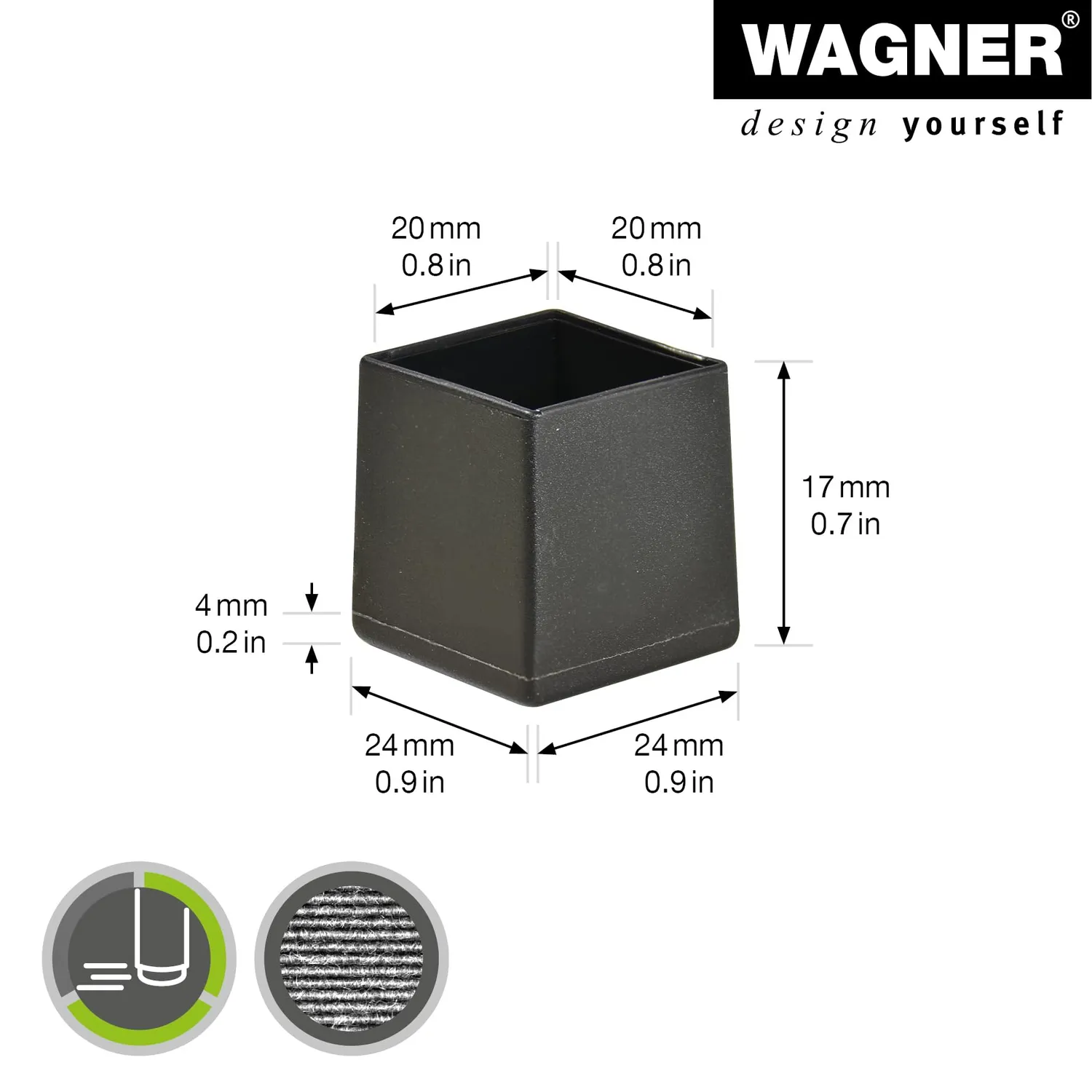 Wagner 15052099 tappi per tubi quadrati 4 pezzi 20/24 mm neri
