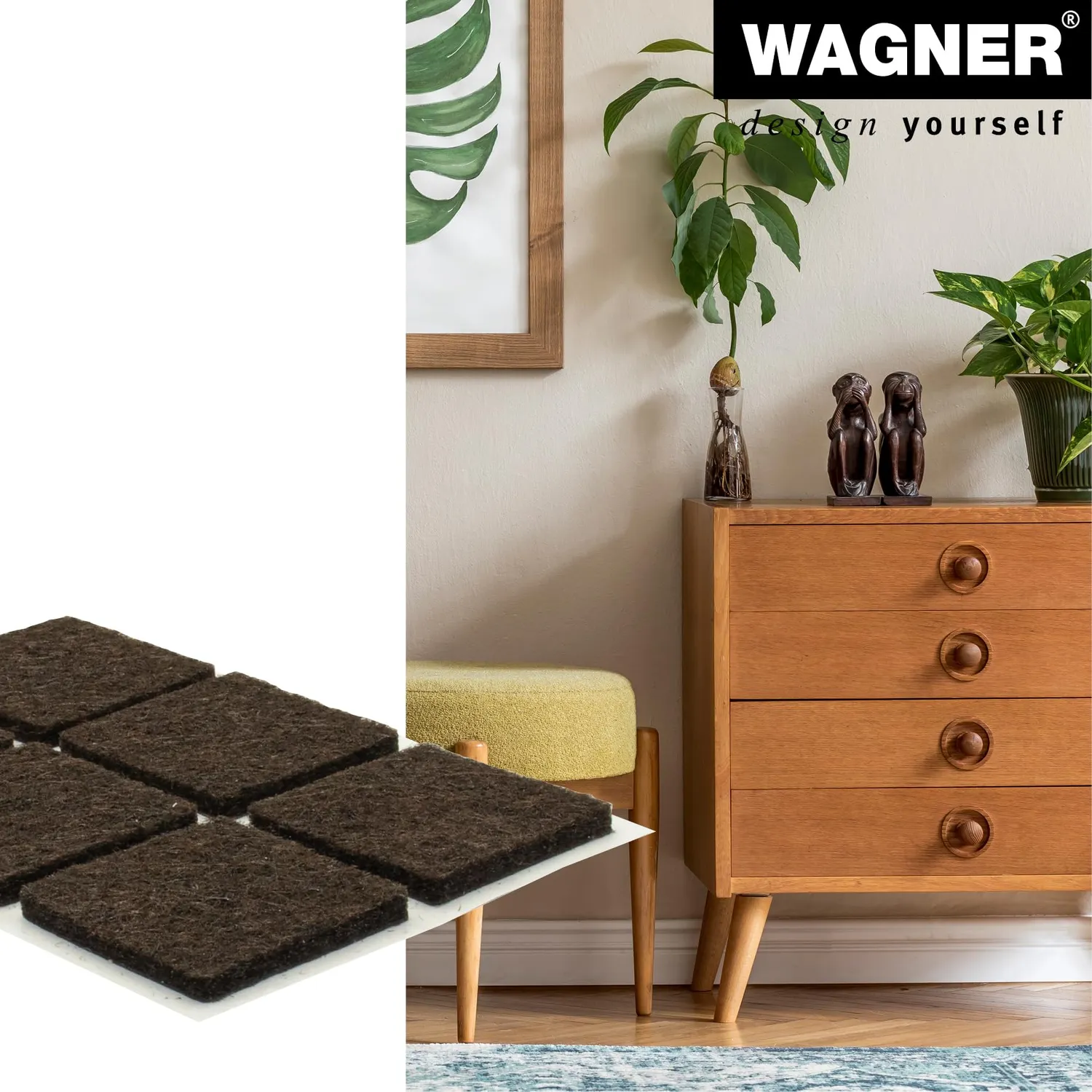 Wagner 15172699 feltrini quadrati 25x25 mm marrone 24 pezzi adesivi