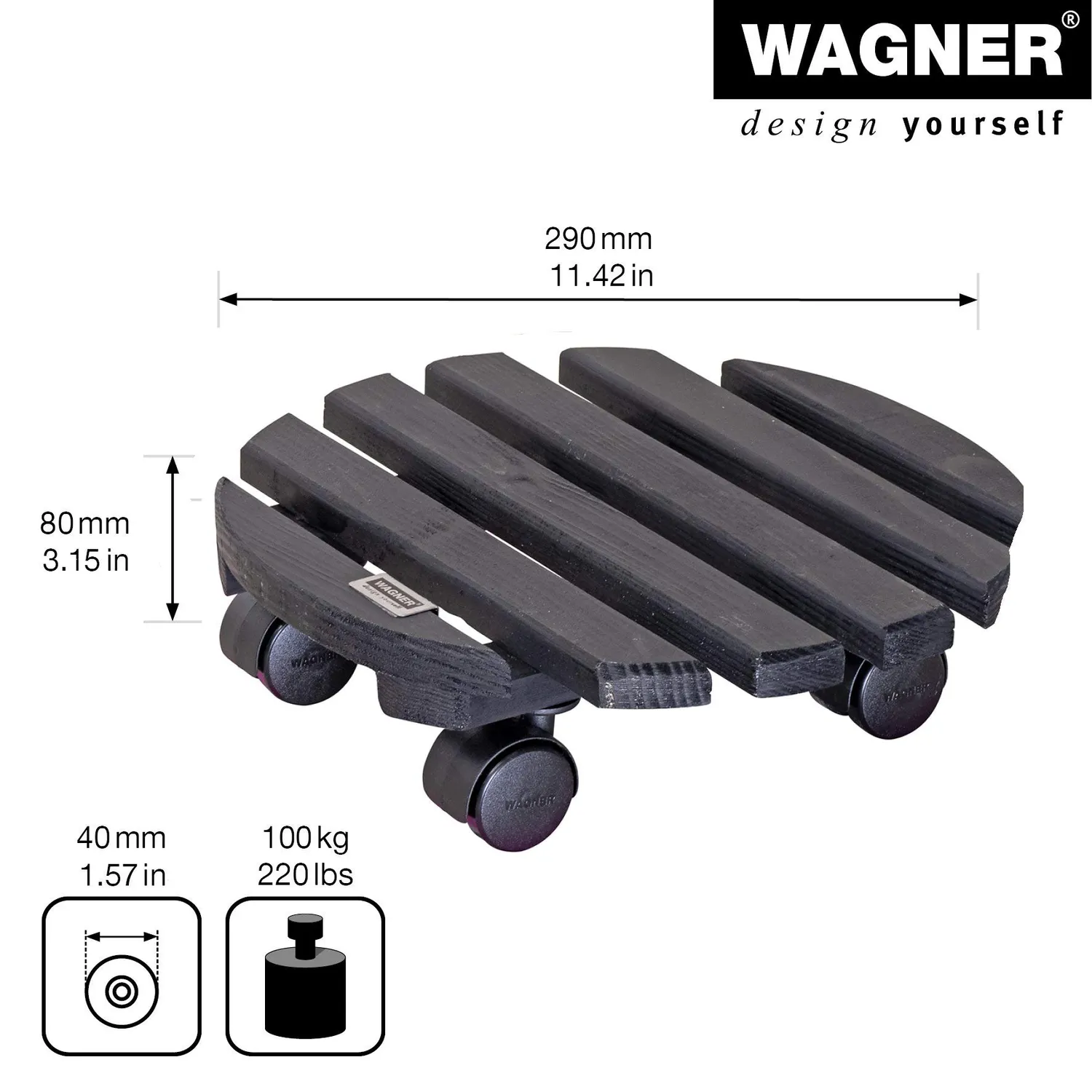 Wagner Nature carrello piante legno nero tondo 29 cm 100 kg