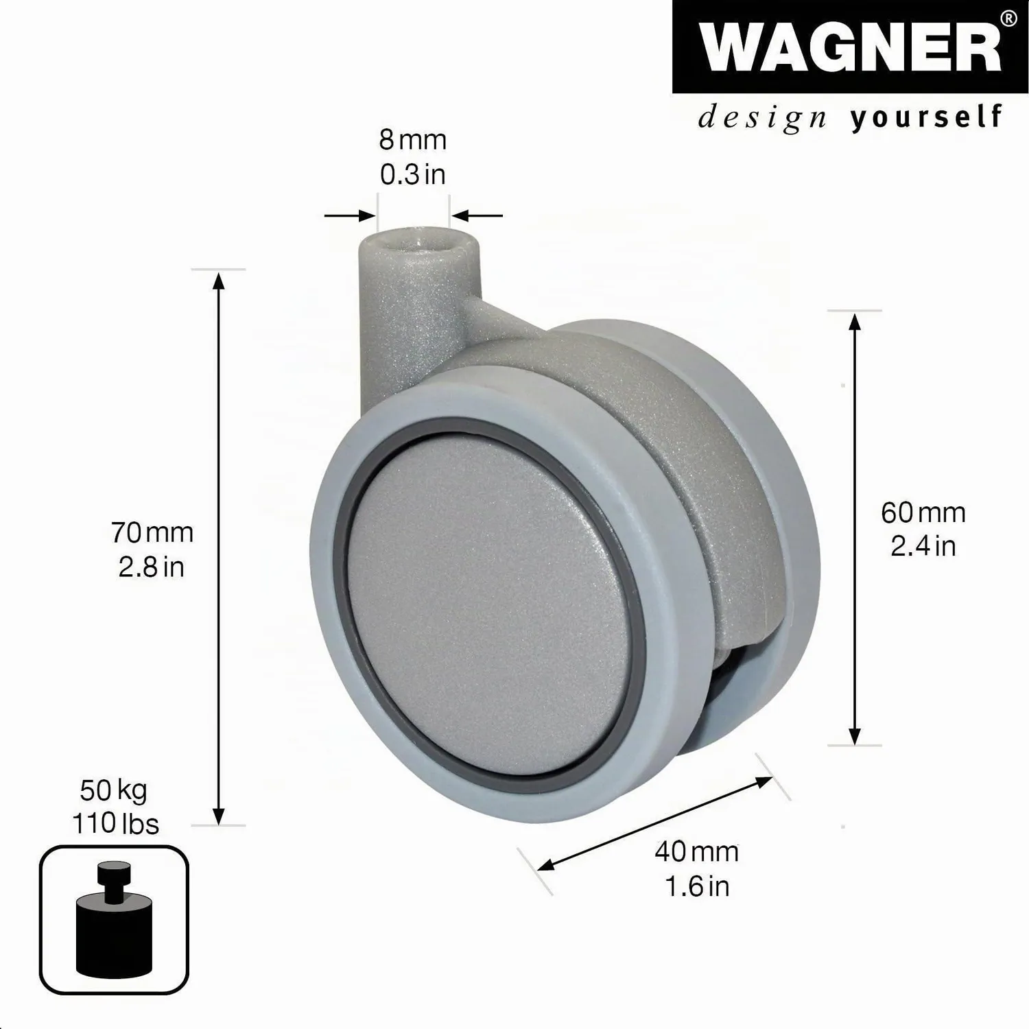 Wagner RO 0029 rullo doppio 60 mm argento 50 kg