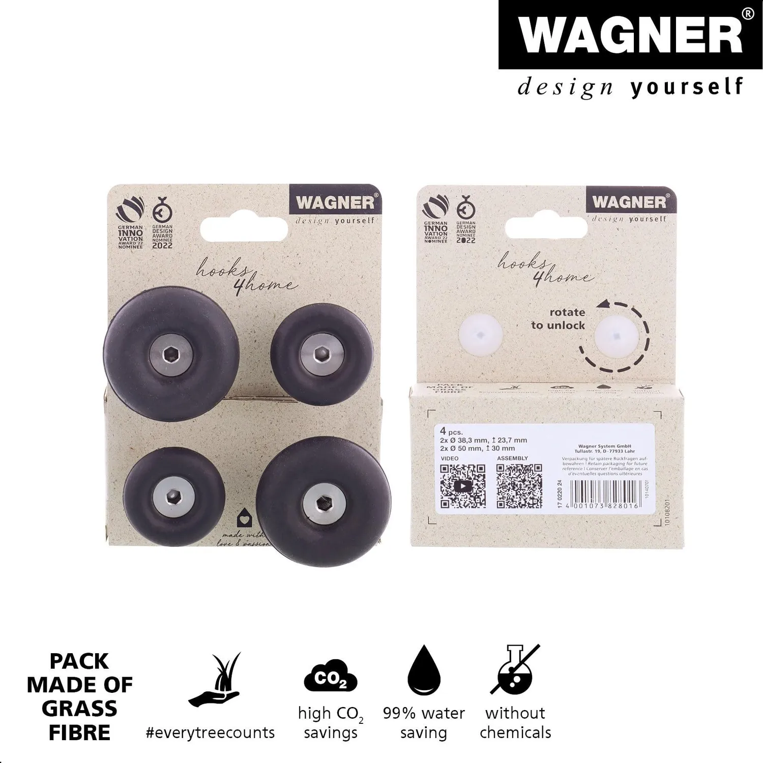 WAGNER hooks4home DOT ganci parete set 4 pezzi nero