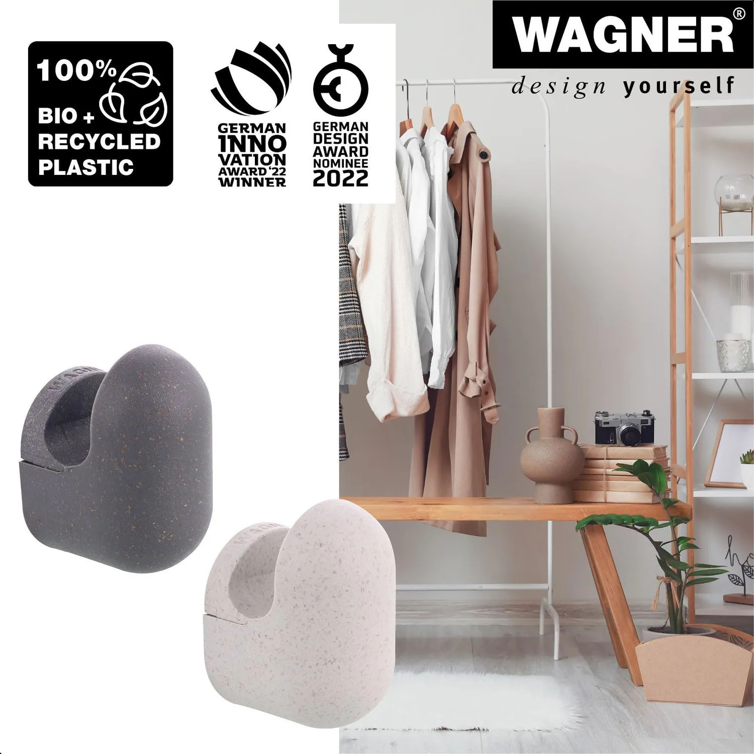 WAGNER hooks4home PILL ganci parete set 4 pezzi grigio