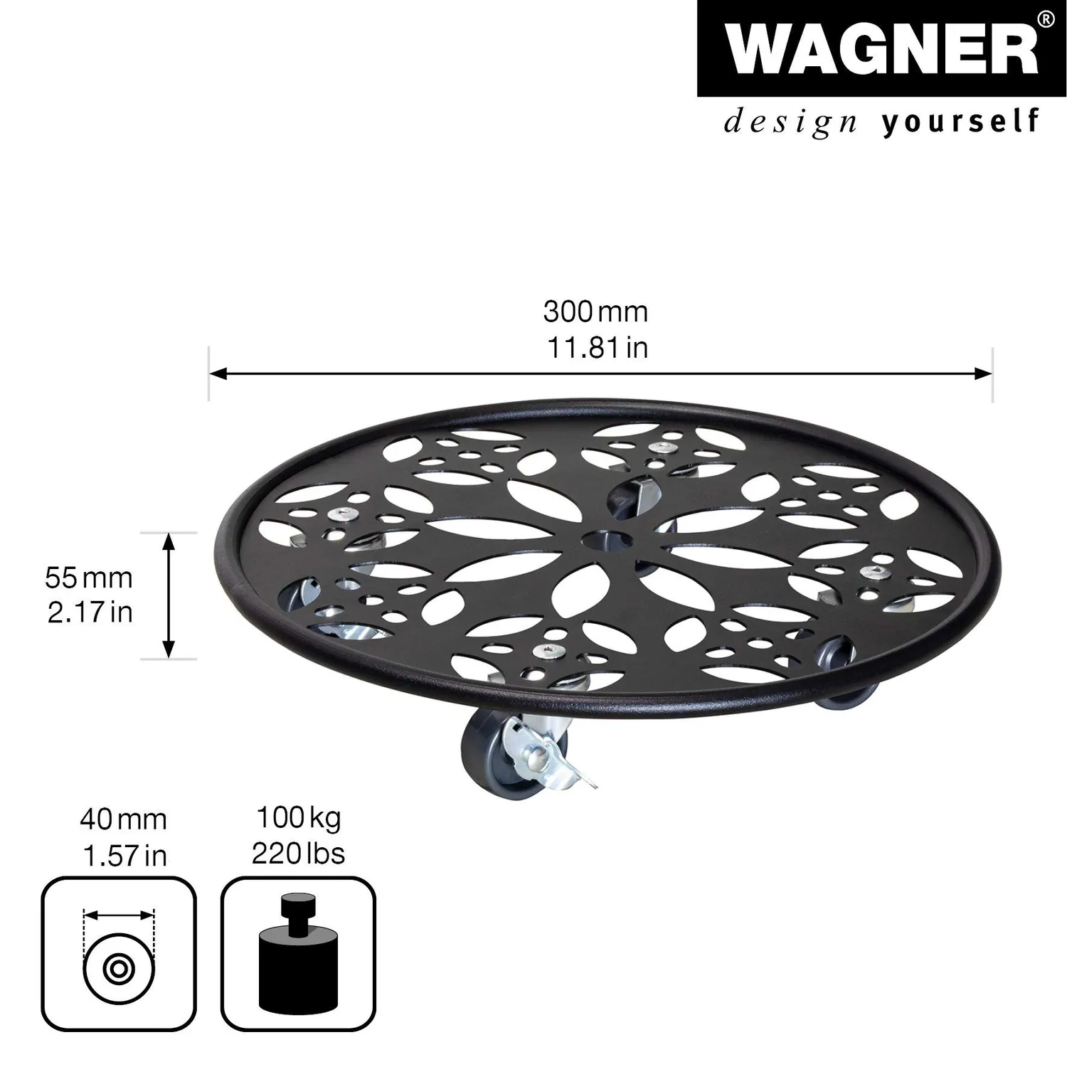 WAGNER Black Flower Carrello Piante Ø30 cm Nero 60 kg