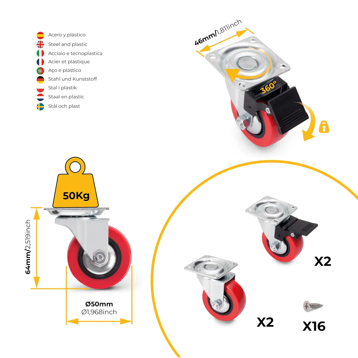 Emuca Kit Ruote Piastra Ø50 con Freno Set 4 Rosse Portata 50kg