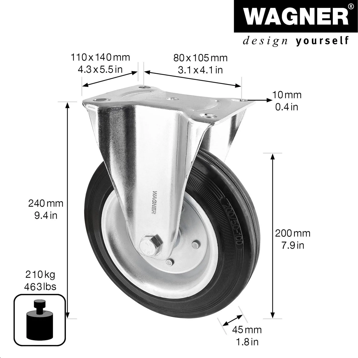 Wagner 04820001 RO 8200 ruota fissa 200 mm portata 210 kg 1 pz