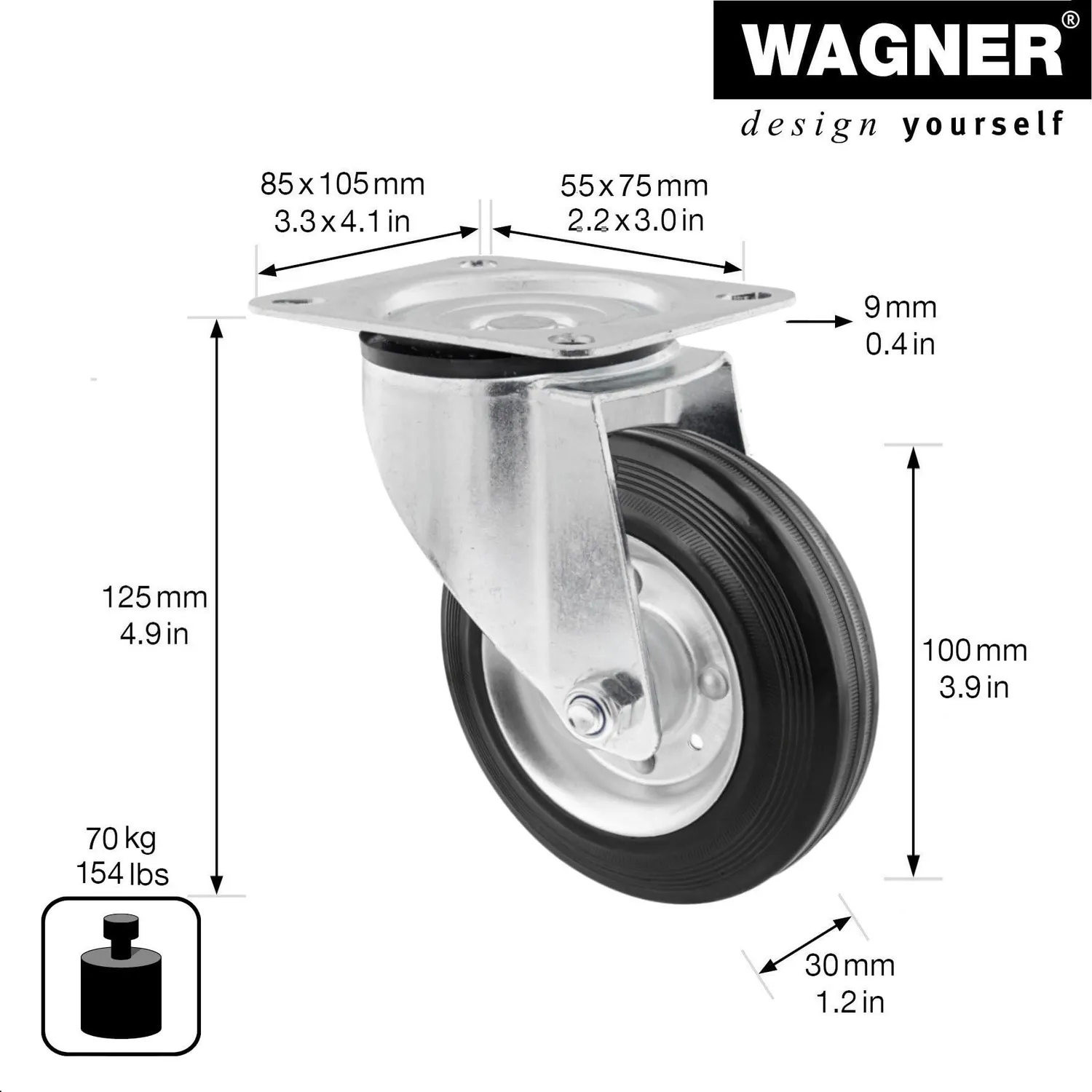 Wagner RO 6104 rotella girevole 100 mm 70 kg gomma
