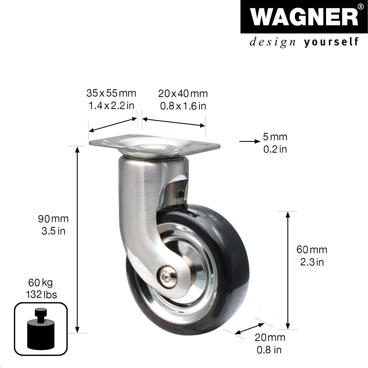 Wagner RO 0086 rotella mobile Ø60 mm nera 60 kg