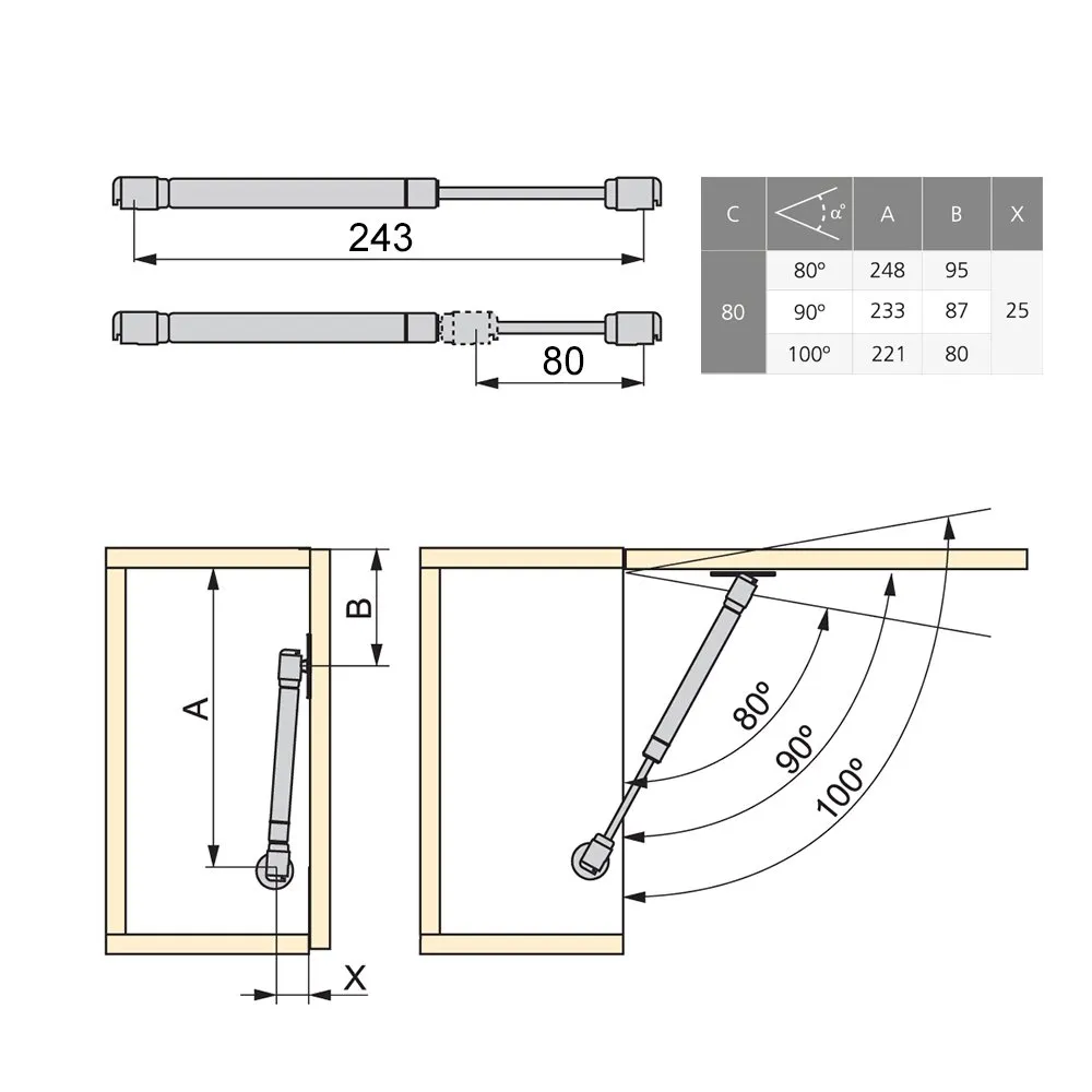 Emuca 1274525 Kit Pistone a Gas 11Kg 80mm 10 Pezzi