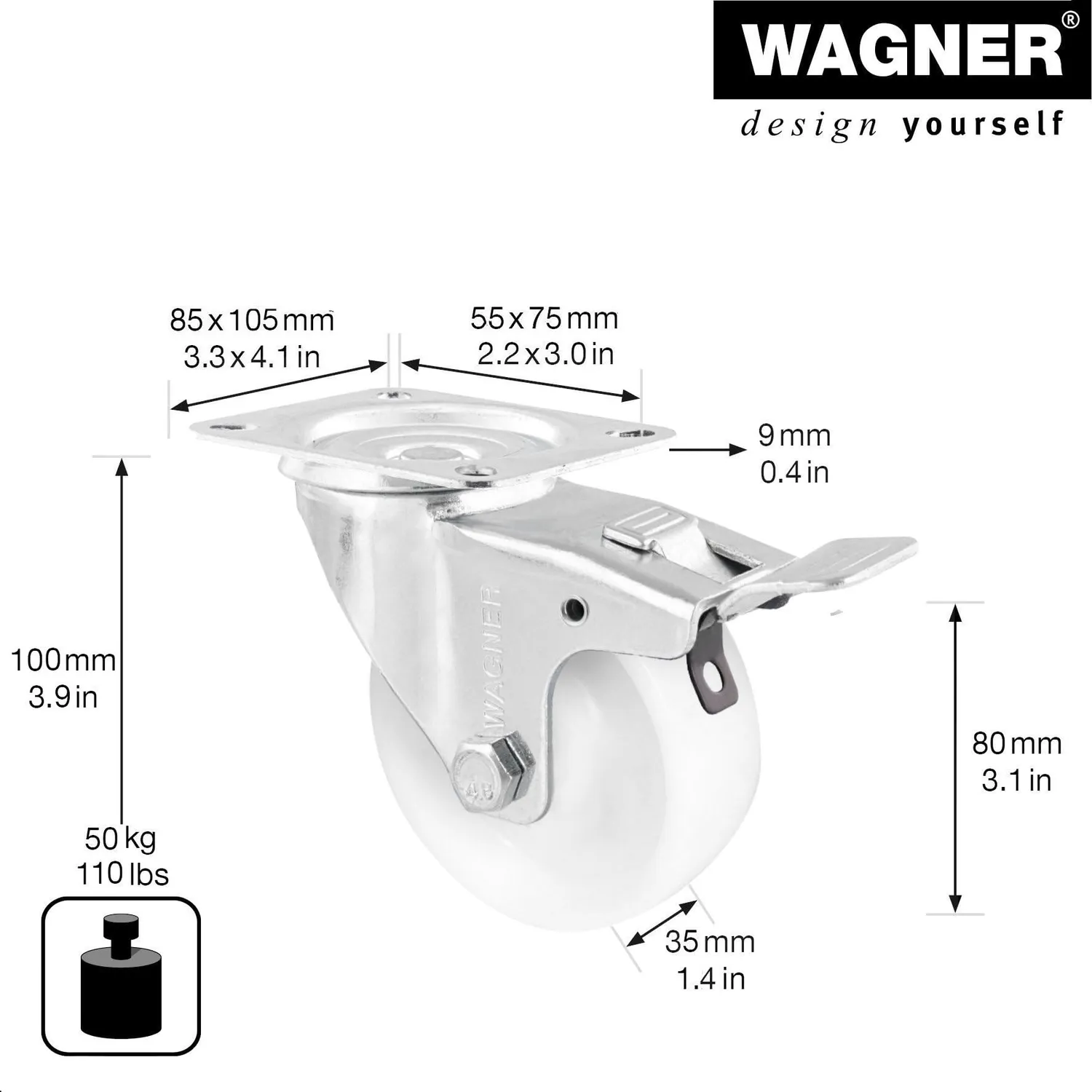 Wagner 04758001 rotella girevole bianca 80 mm con freno 1 pz