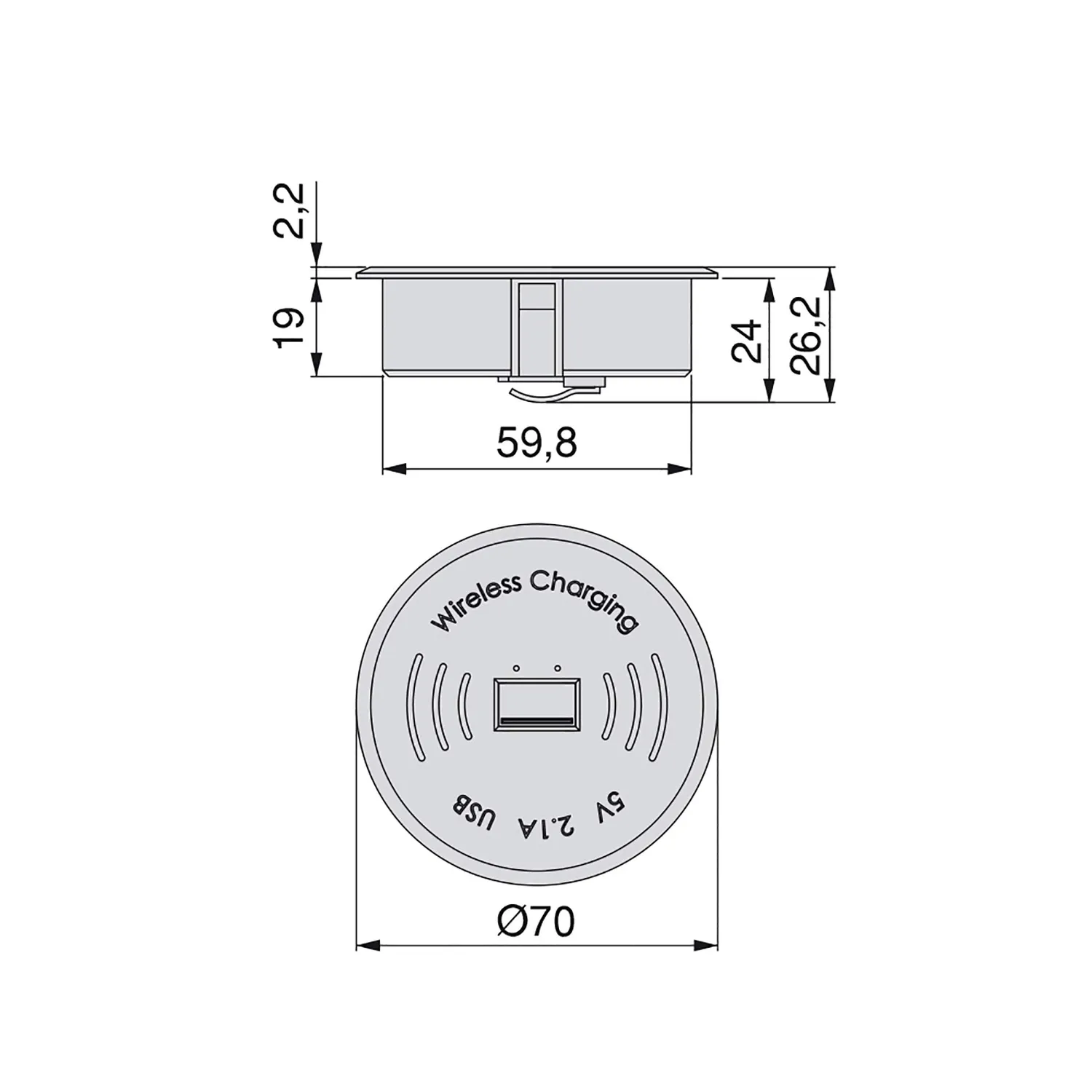 Emuca Caricatore Wireless Qi da Incasso con Presa USB-A Foro 60 mm