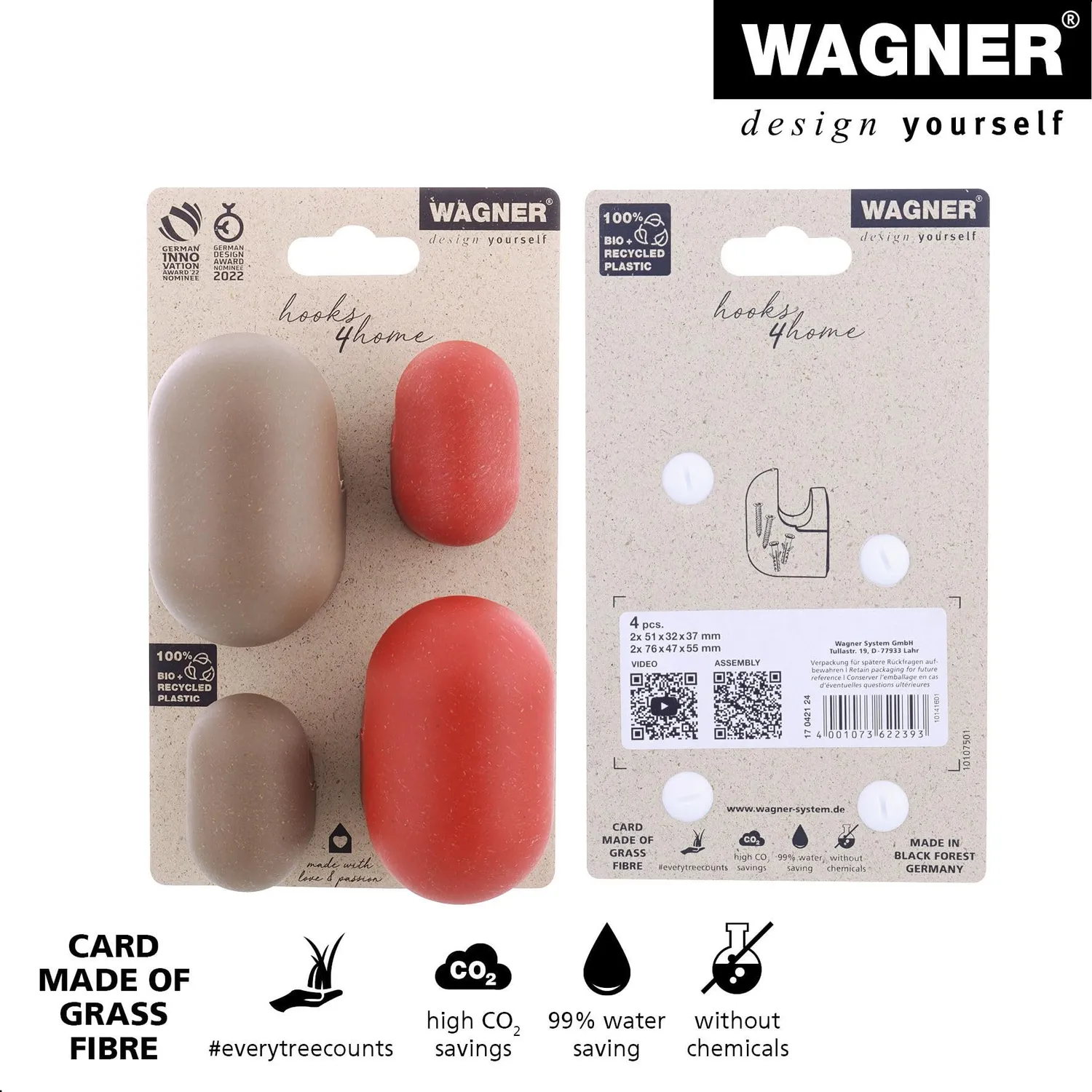 WAGNER hooks4home PILL ganci parete set 4 pezzi corallo