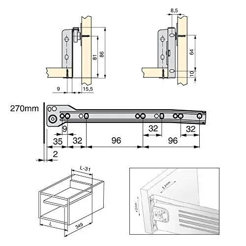 Emuca Vertex 3041025 kit cassetto H86 270mm 10 pezzi alluminio