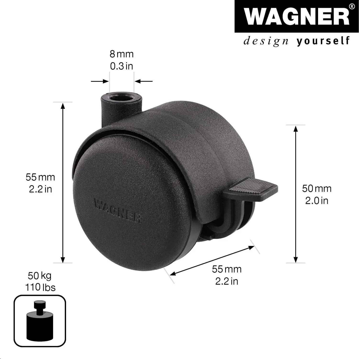 Wagner RO0026 rotella mobili dura nera con freno 1 pz 50 kg