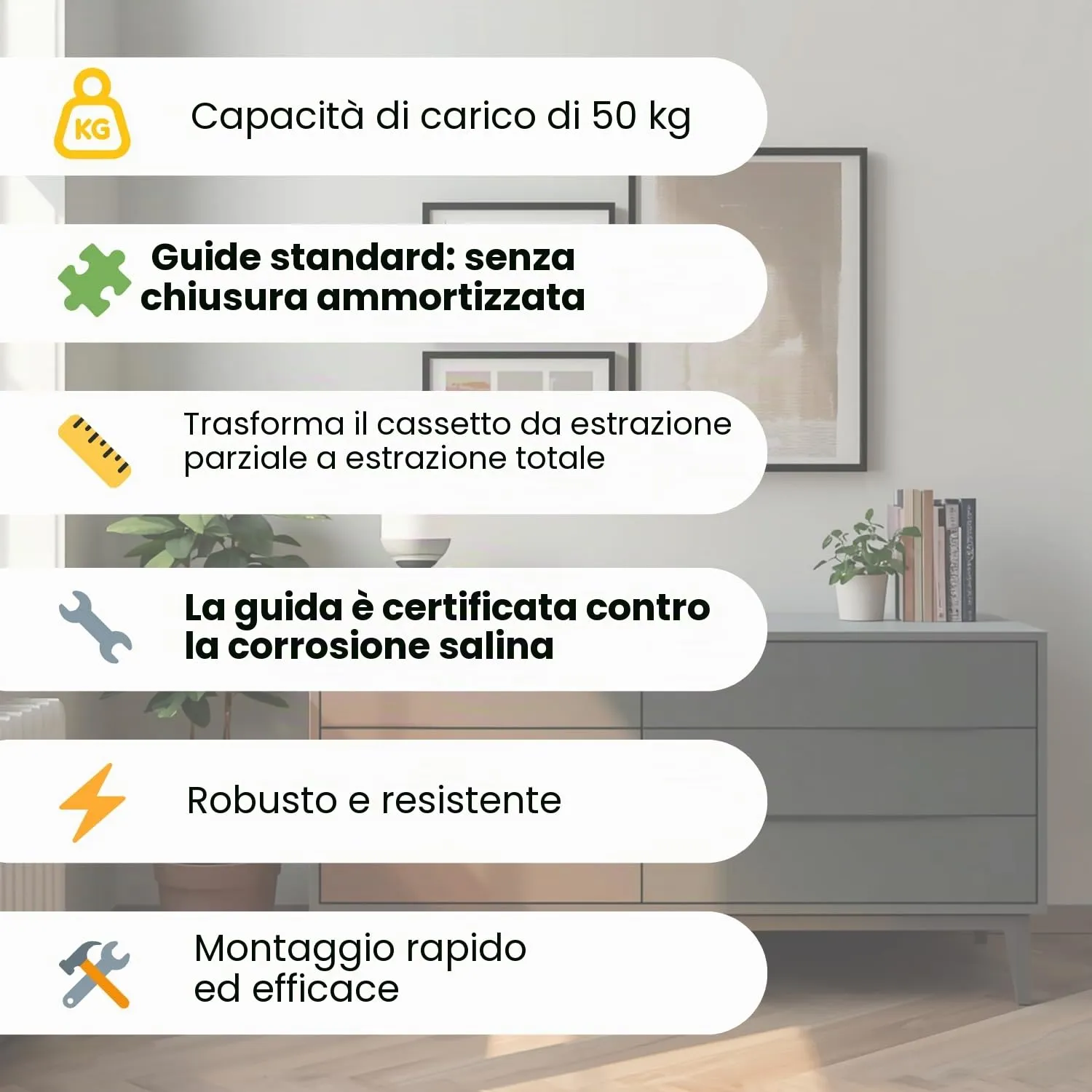 Indaux guide a sfere cassetto 450 mm estrazione totale 50 kg