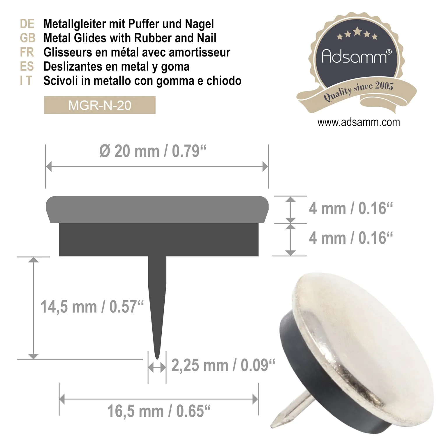 Adsamm Pattini Metallo Ø20 mm 16 Pezzi Tondi Argento con Chiodo