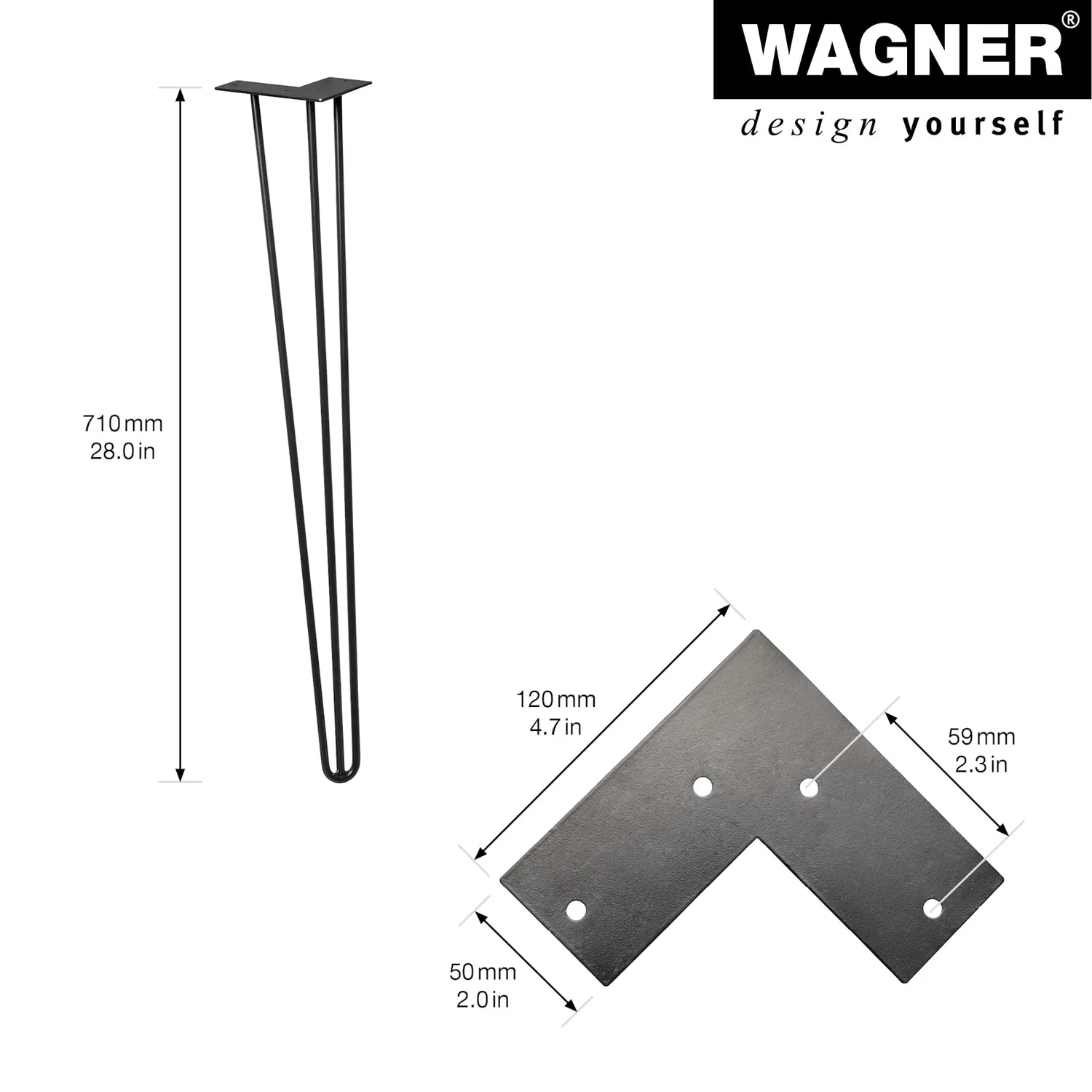 Wagner Hairpin gambe tavolo acciaio nere 71 cm set 4 pezzi