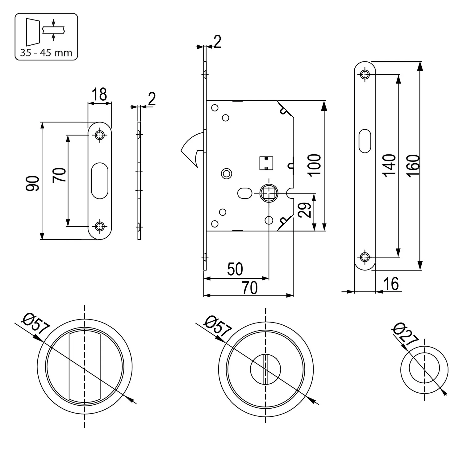 Emuca Kit Serratura Scorrevole Rotonda 57 mm Nichel Porte 35-40