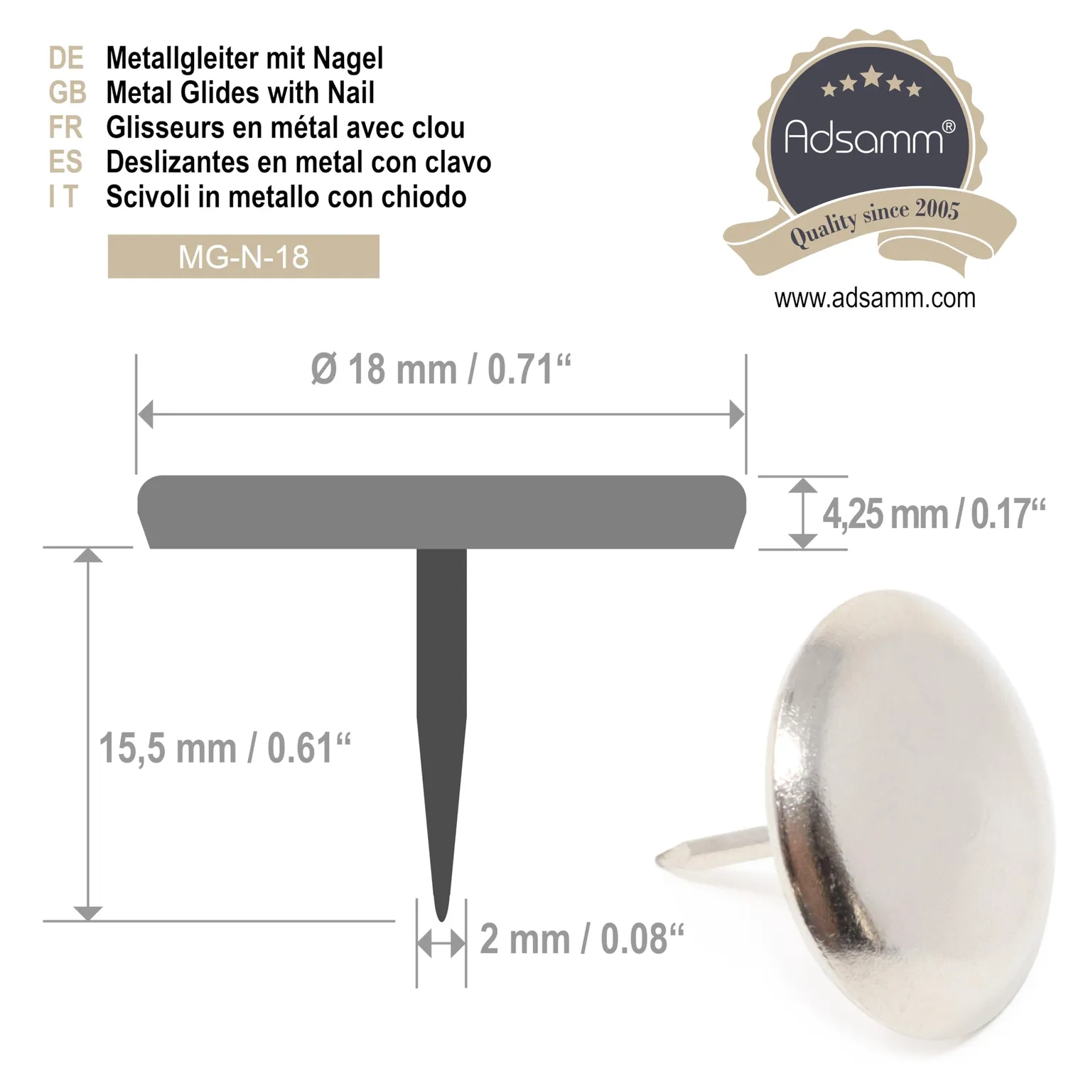 Adsamm Pattini Metallo con Chiodo Ø 18 mm 16 Pezzi